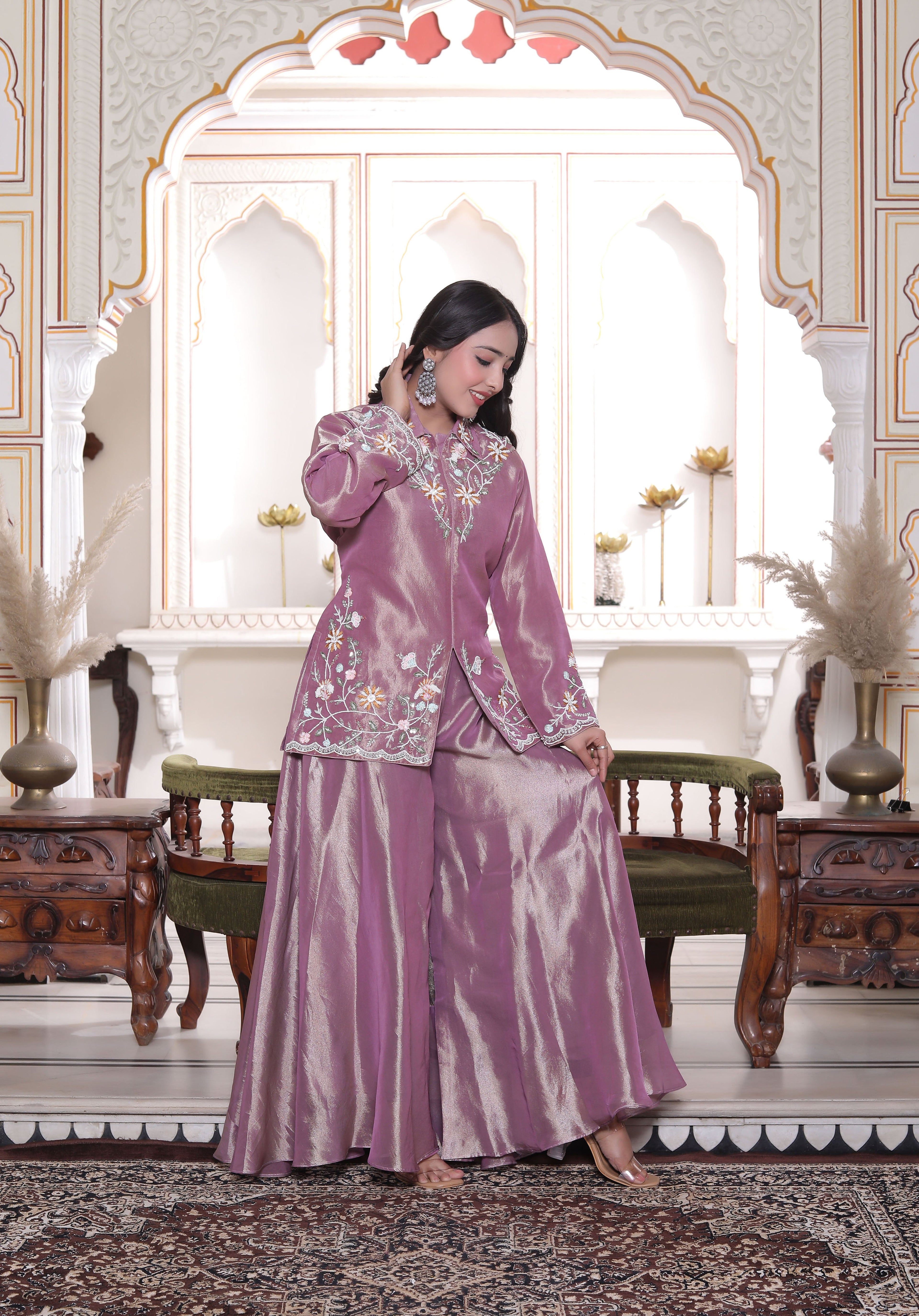 Lavender Collar Neck Front Cut Handwork Kurti with Circular Sharara Set