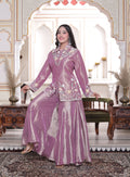 Lavender Collar Neck Front Cut Handwork Kurti with Circular Sharara Set