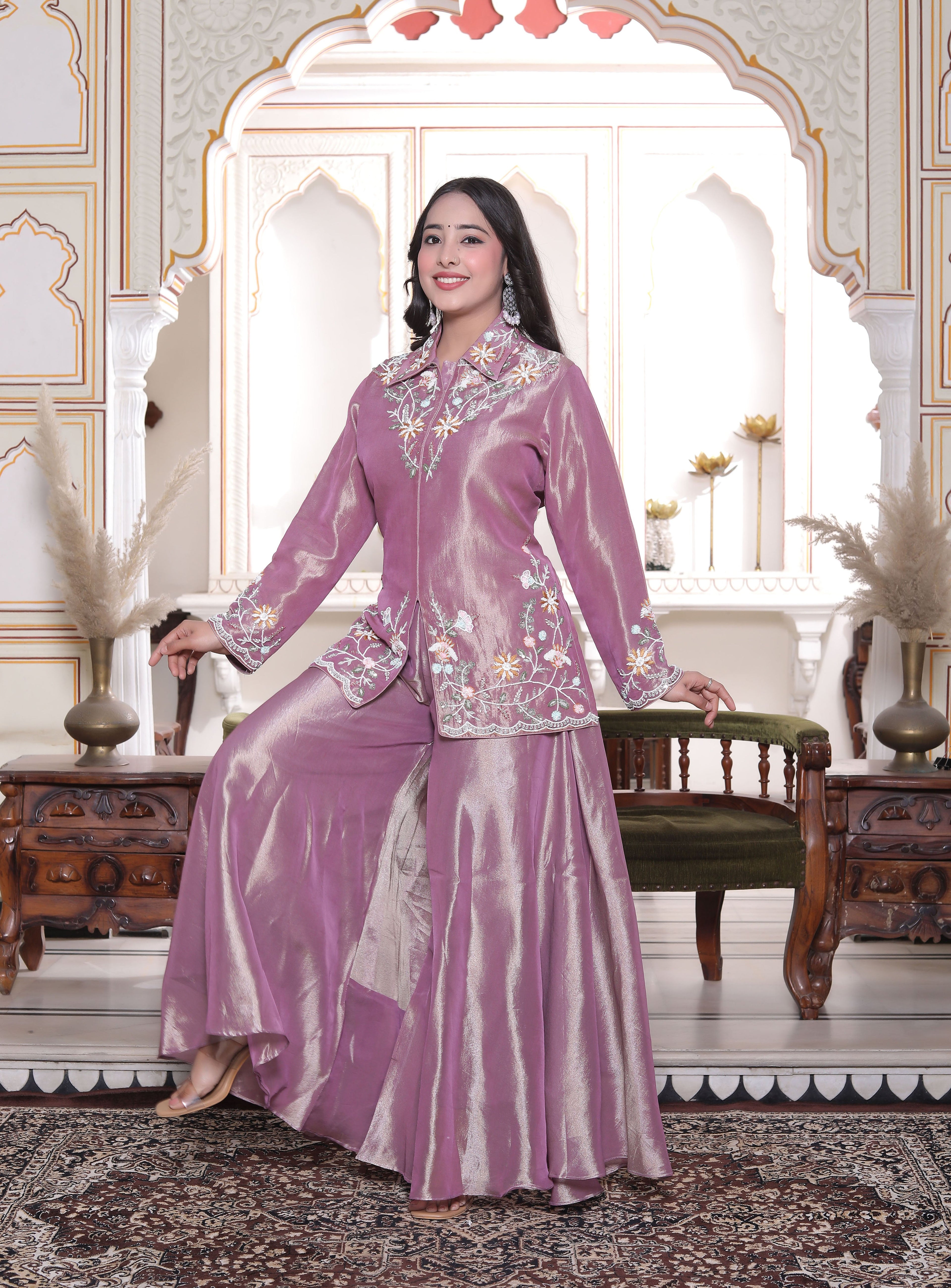 Lavender Collar Neck Front Cut Handwork Kurti with Circular Sharara Set
