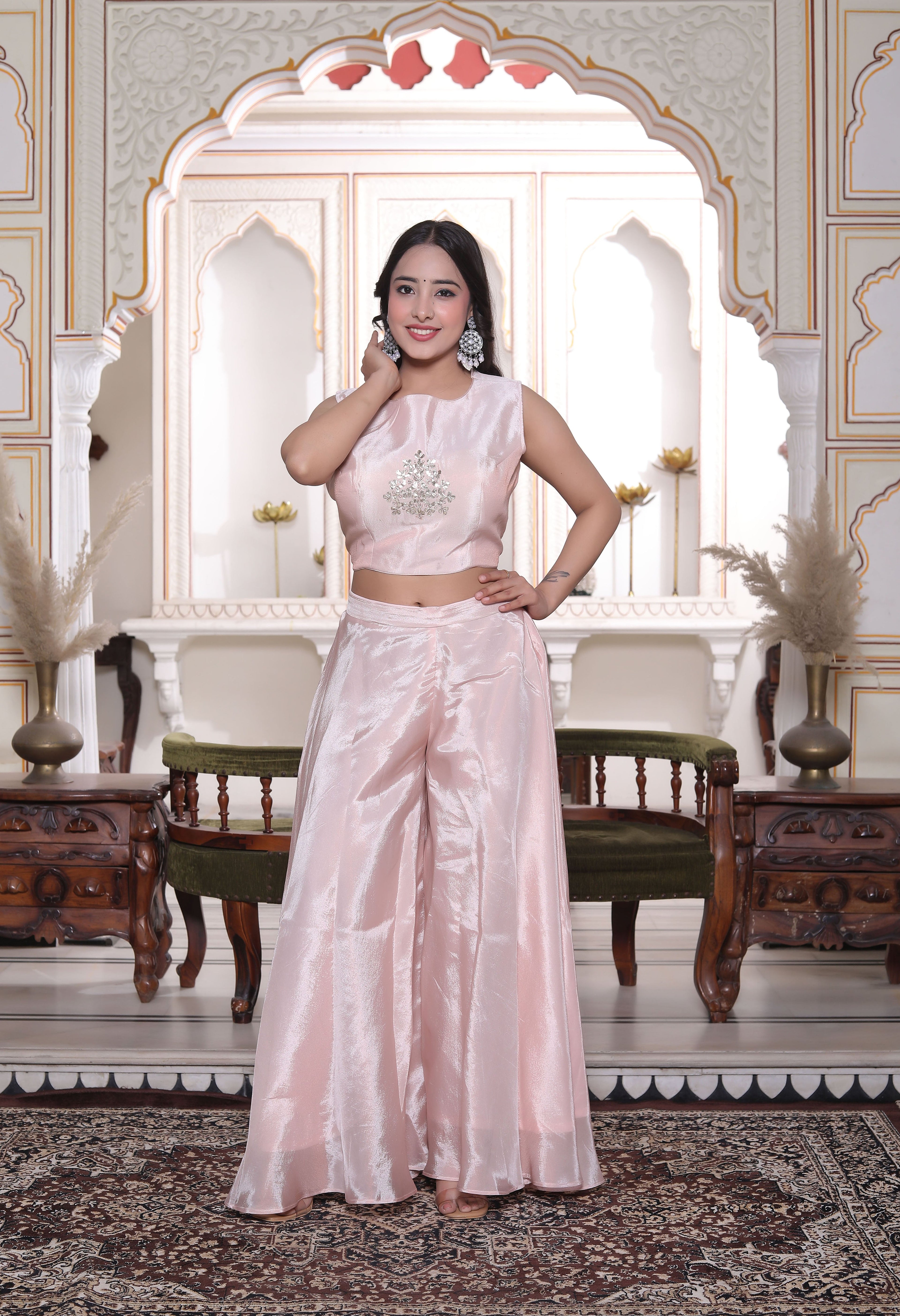 Pink Silk Crop Top with Circular Sharara & Leheriya Handwork Jacket Set