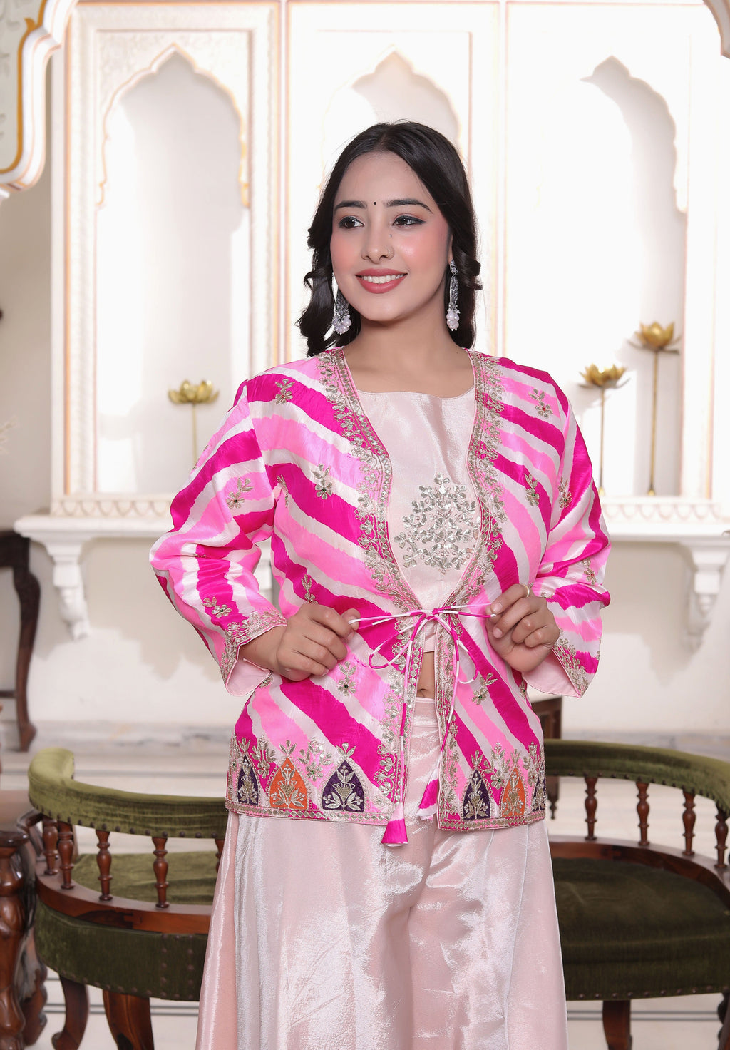 Pink Silk Crop Top with Circular Sharara & Leheriya Handwork Jacket Set