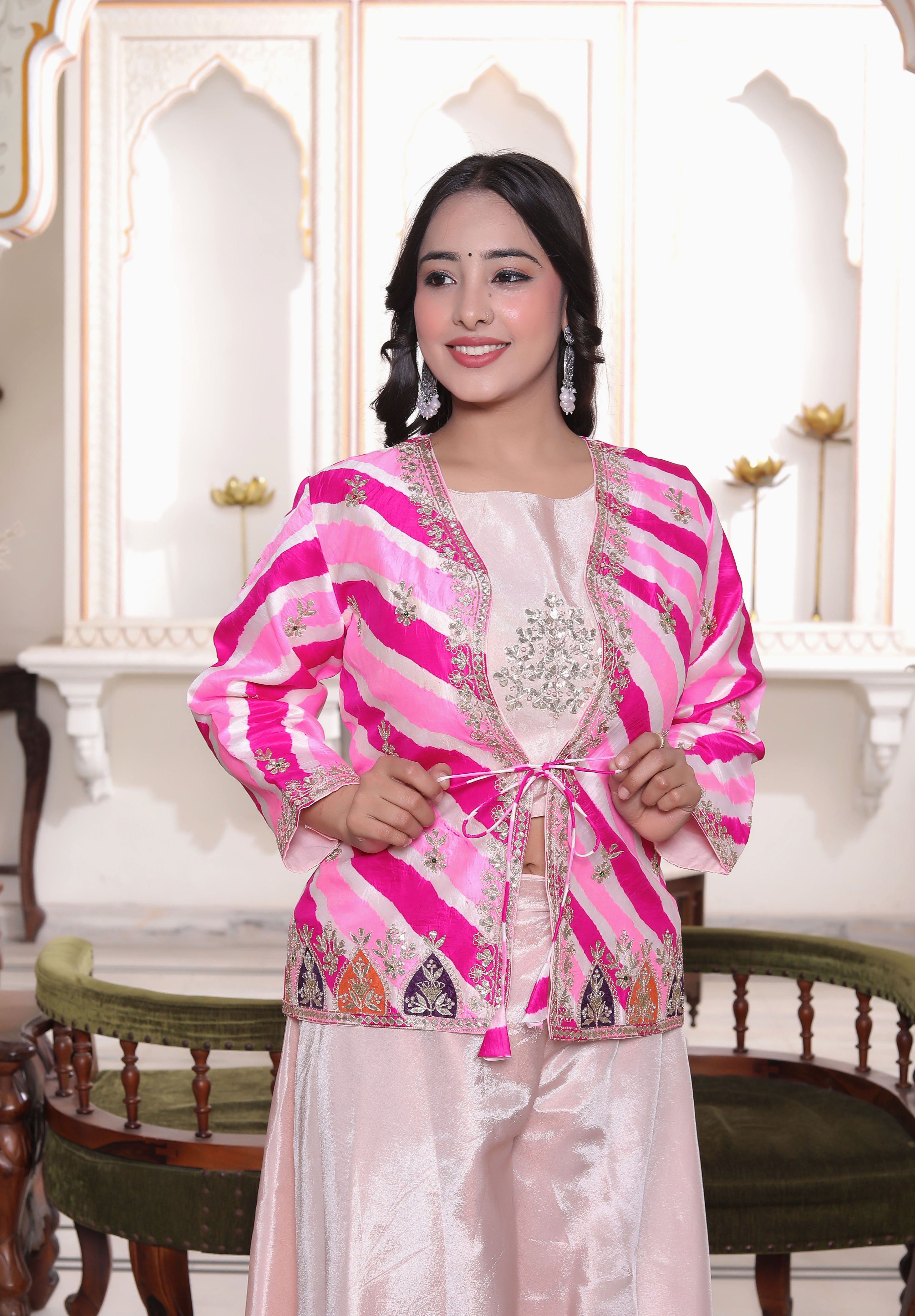 Pink Silk Crop Top with Circular Sharara & Leheriya Handwork Jacket Set