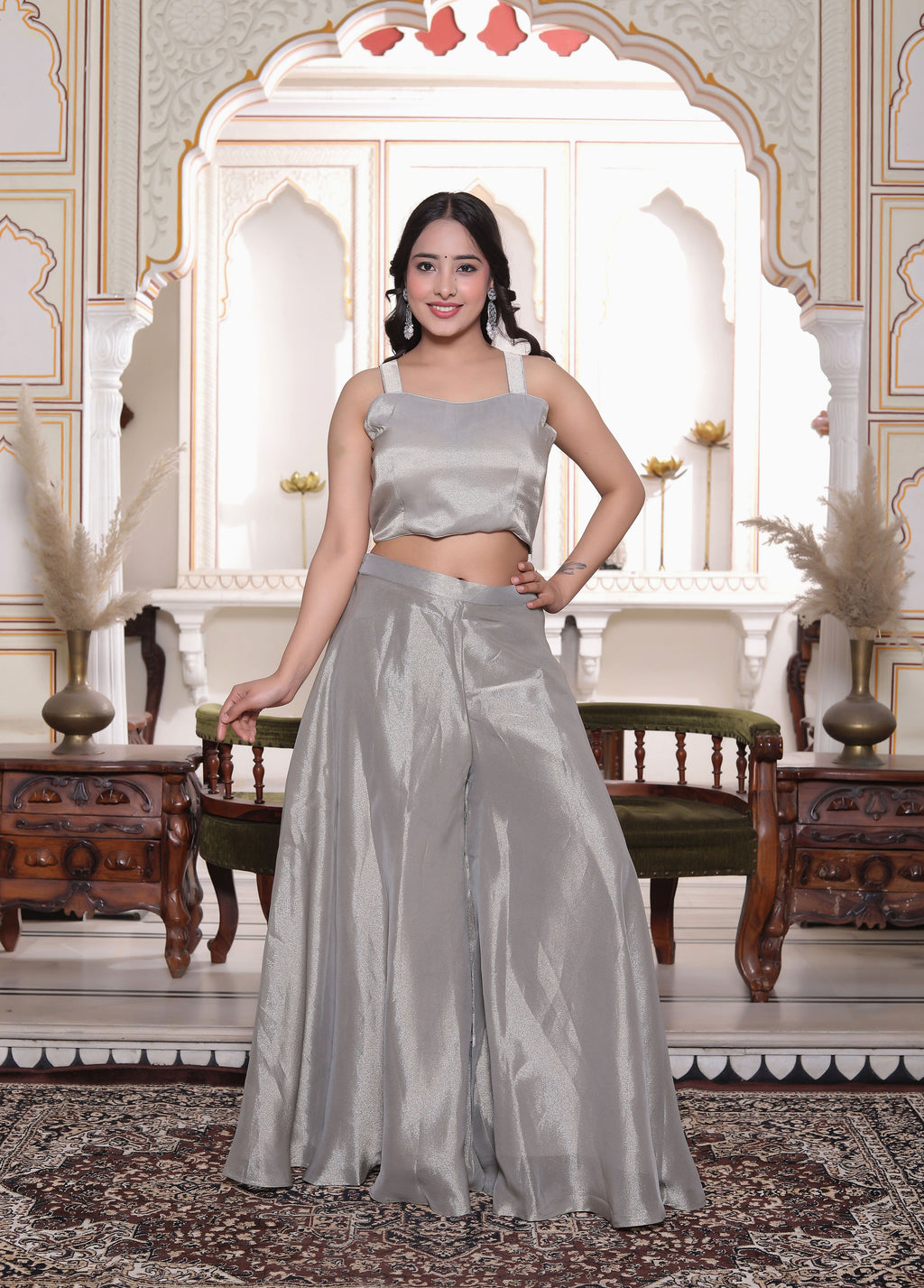 Grey Silk Crop Top with Circular Sharara & Handwork Jacket Set