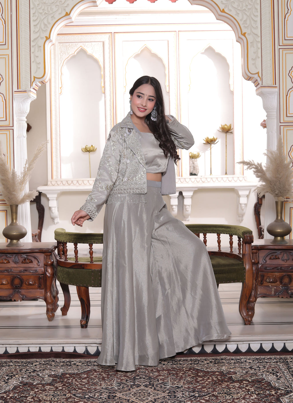 Grey Silk Crop Top with Circular Sharara & Handwork Jacket Set