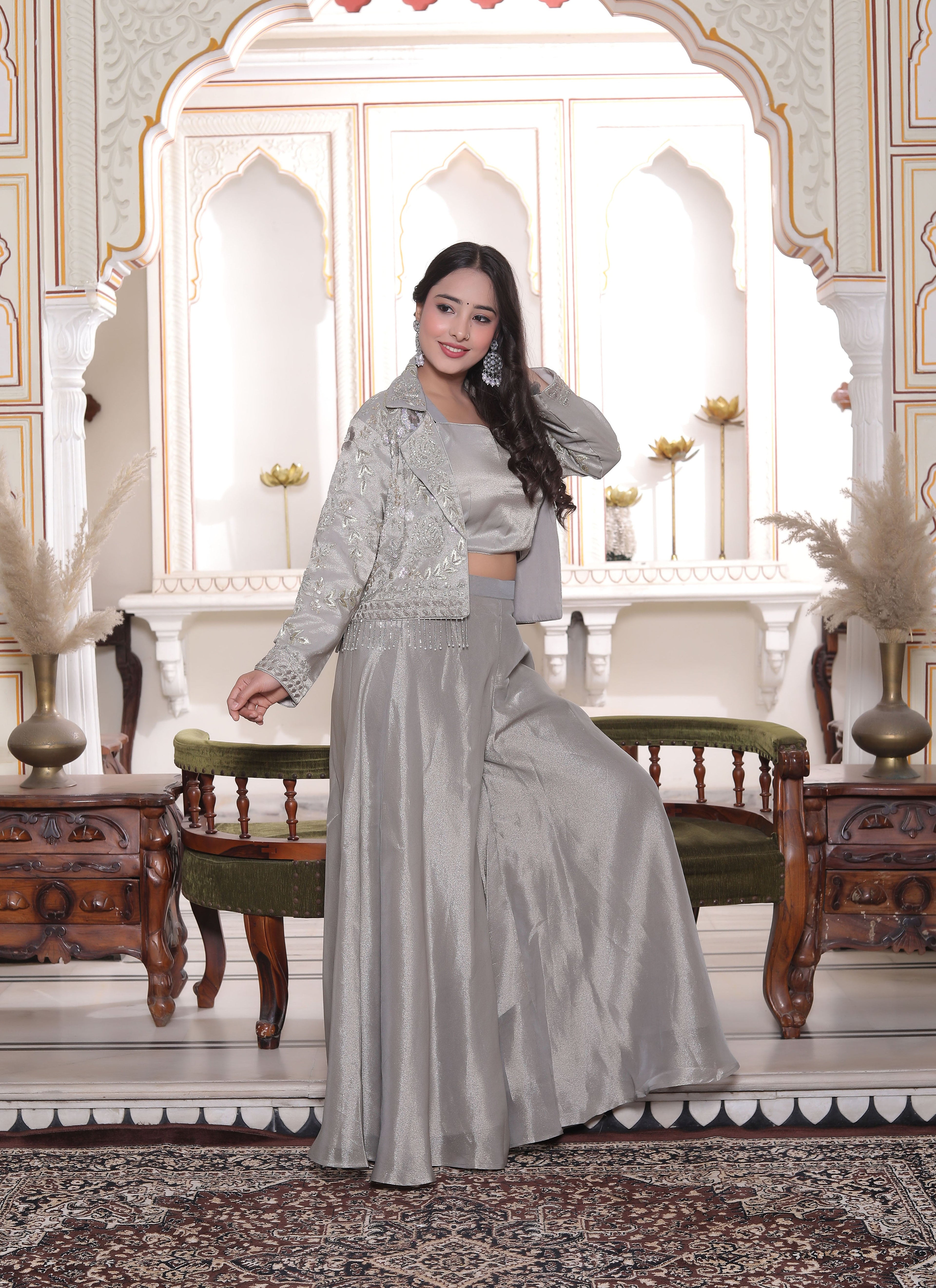 Grey Silk Crop Top with Circular Sharara & Handwork Jacket Set