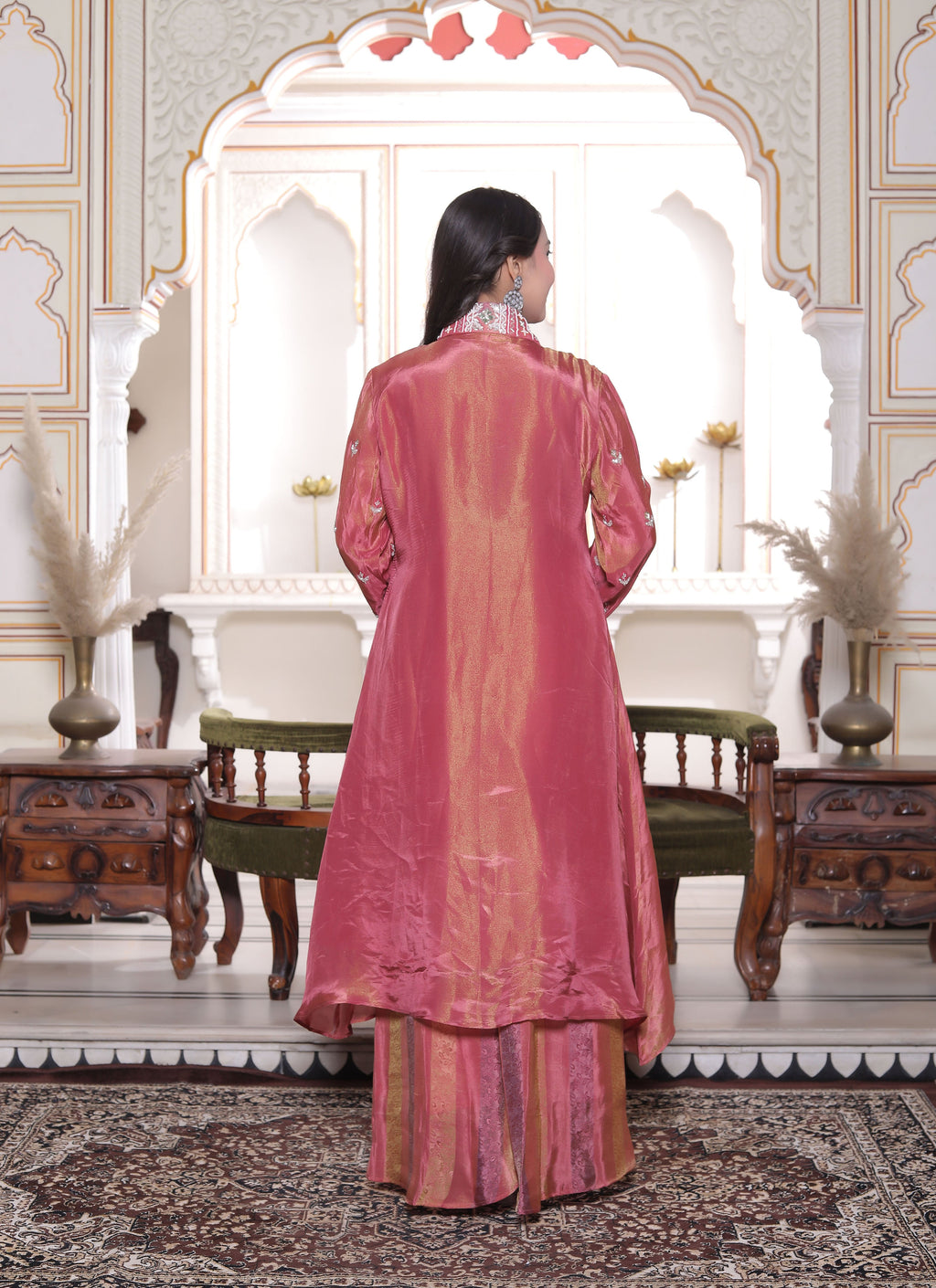 Pink Silk Long Calf Length Handwork Top with Palazzo Set