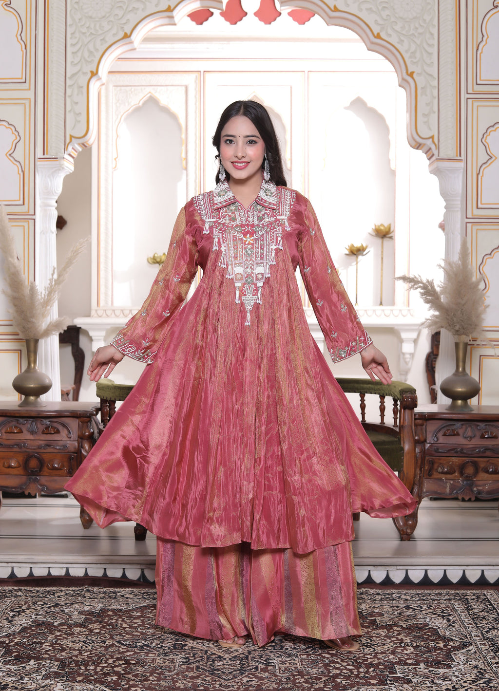 Pink Silk Long Calf Length Handwork Top with Palazzo Set