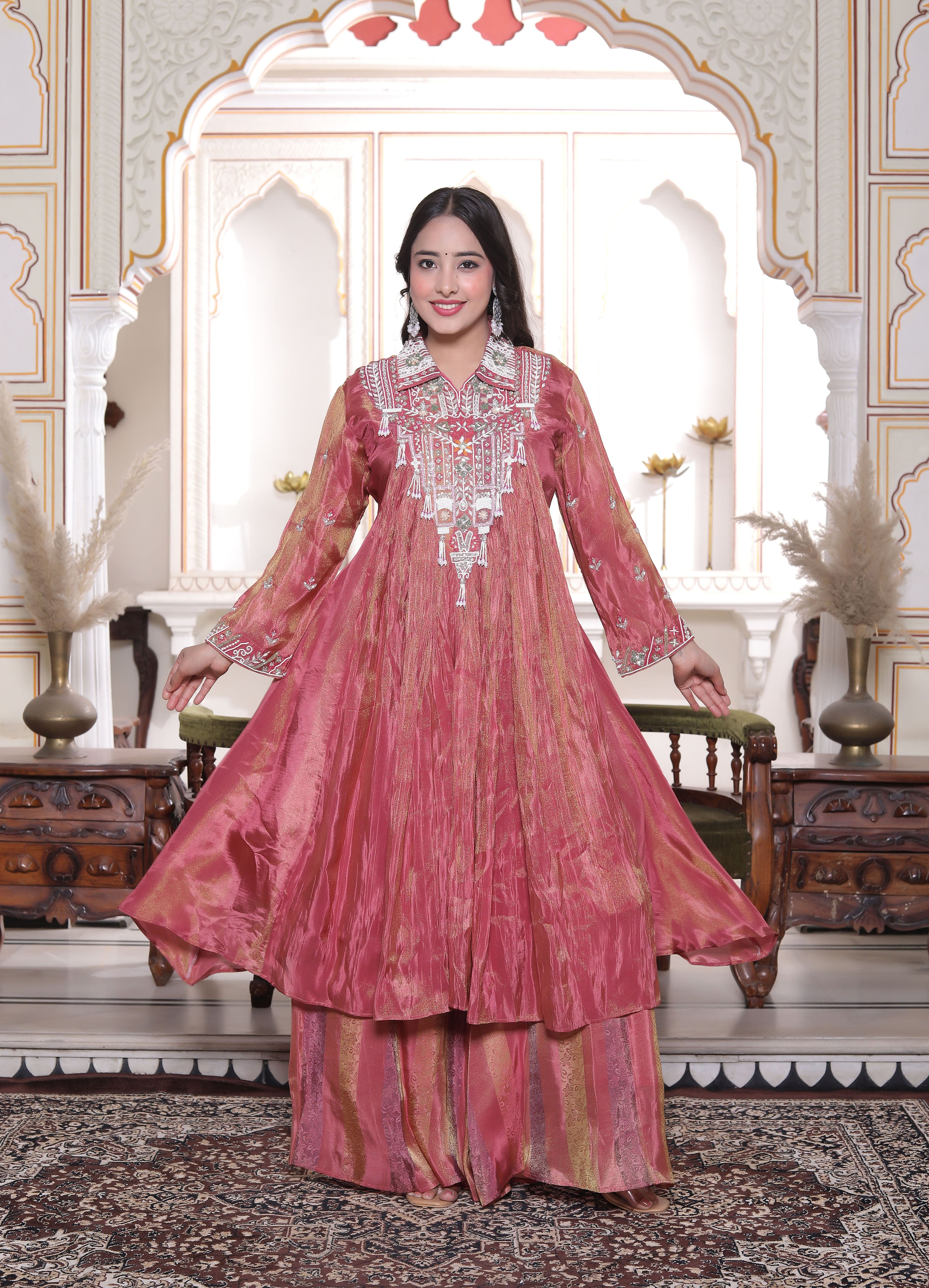 Pink Silk Long Calf Length Handwork Top with Palazzo Set