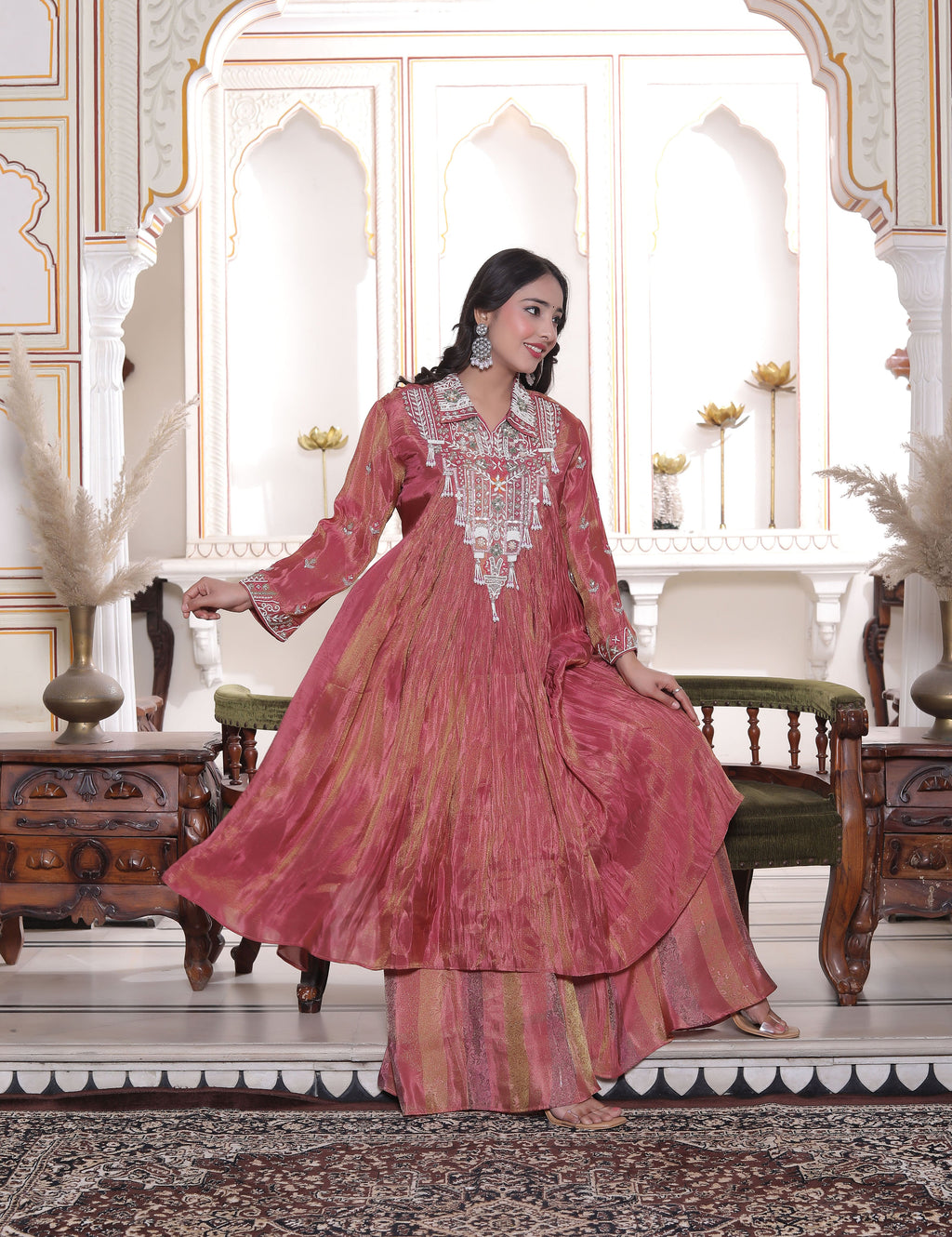 Pink Silk Long Calf Length Handwork Top with Palazzo Set