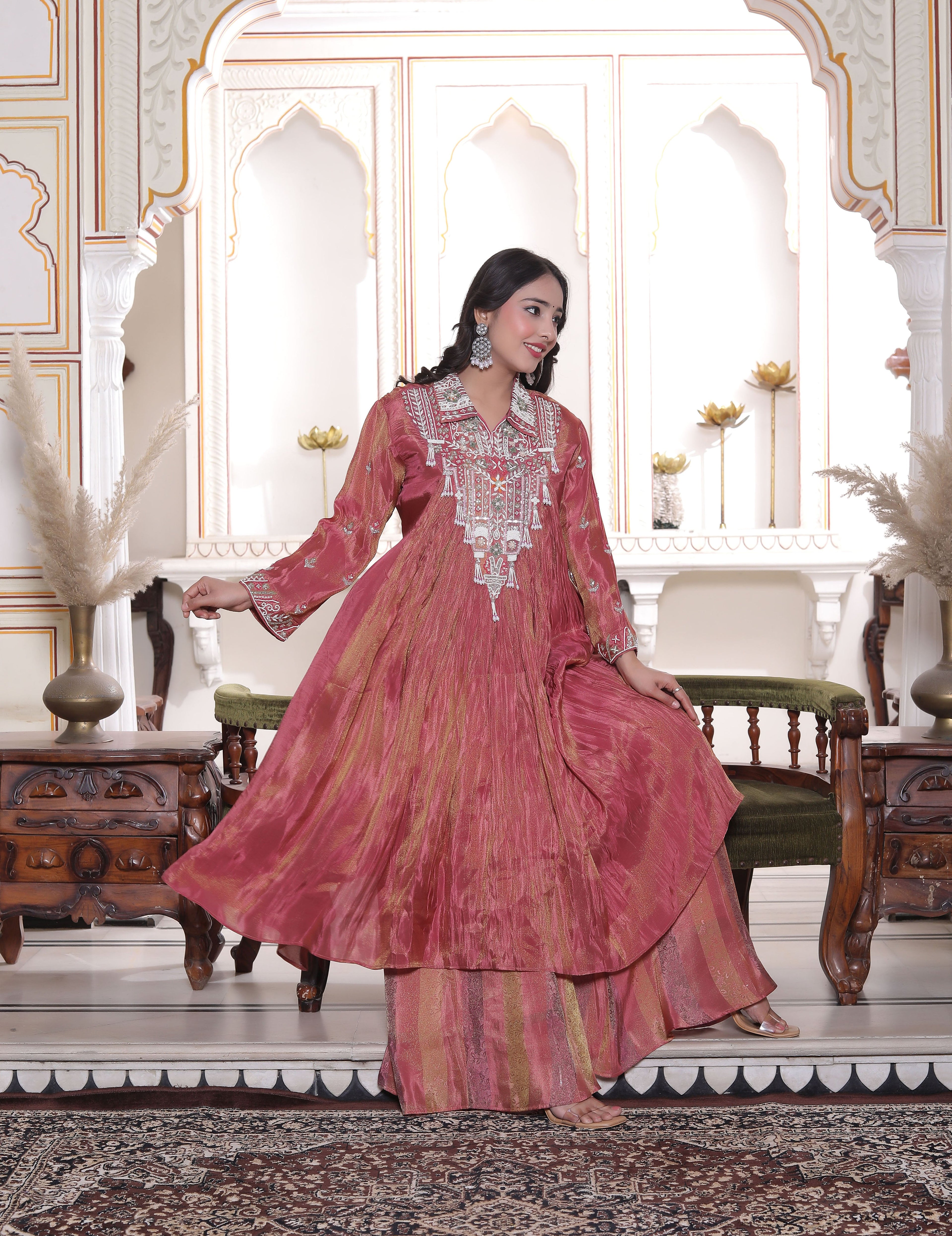 Pink Silk Long Calf Length Handwork Top with Palazzo Set