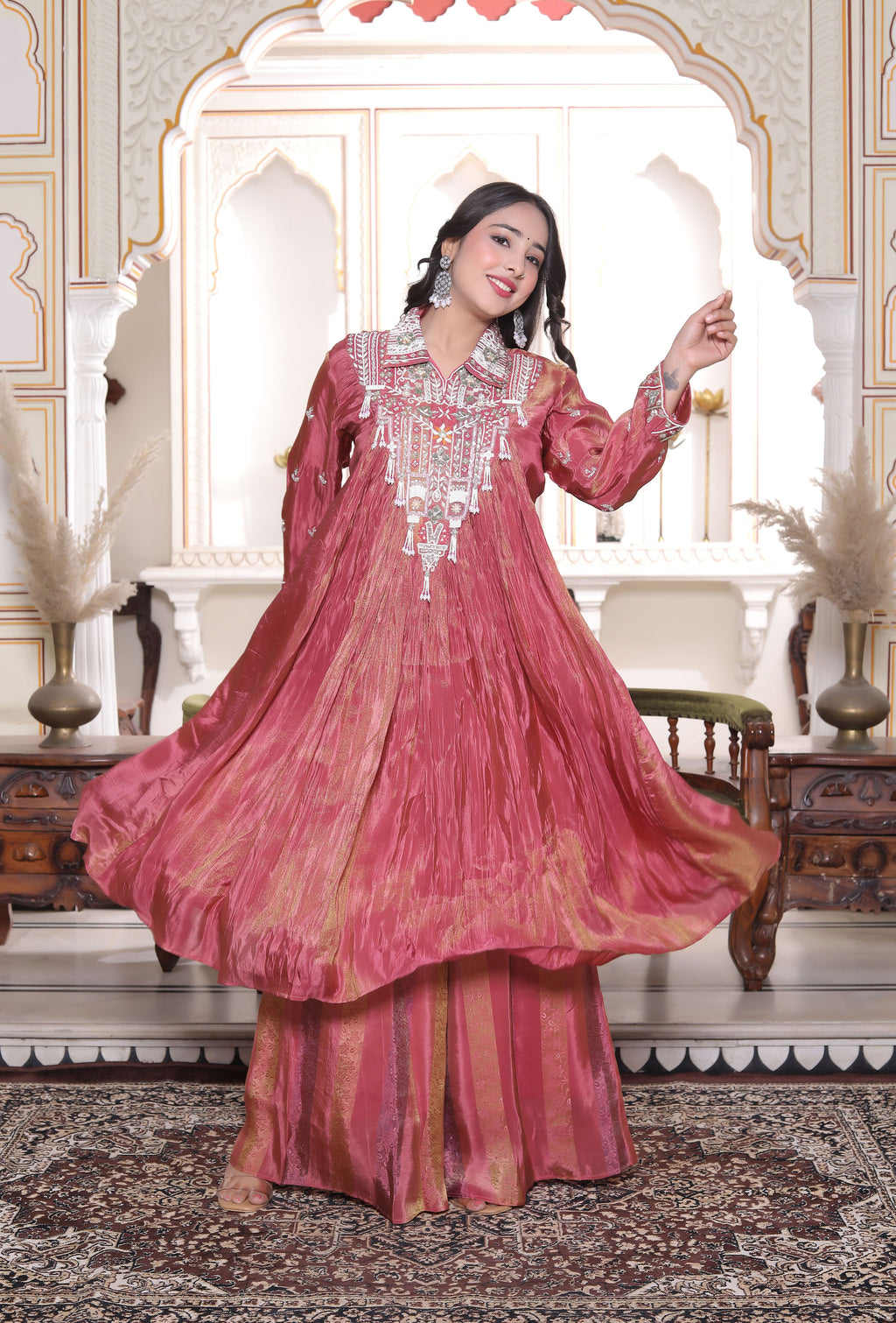 Pink Silk Long Calf Length Handwork Top with Palazzo Set