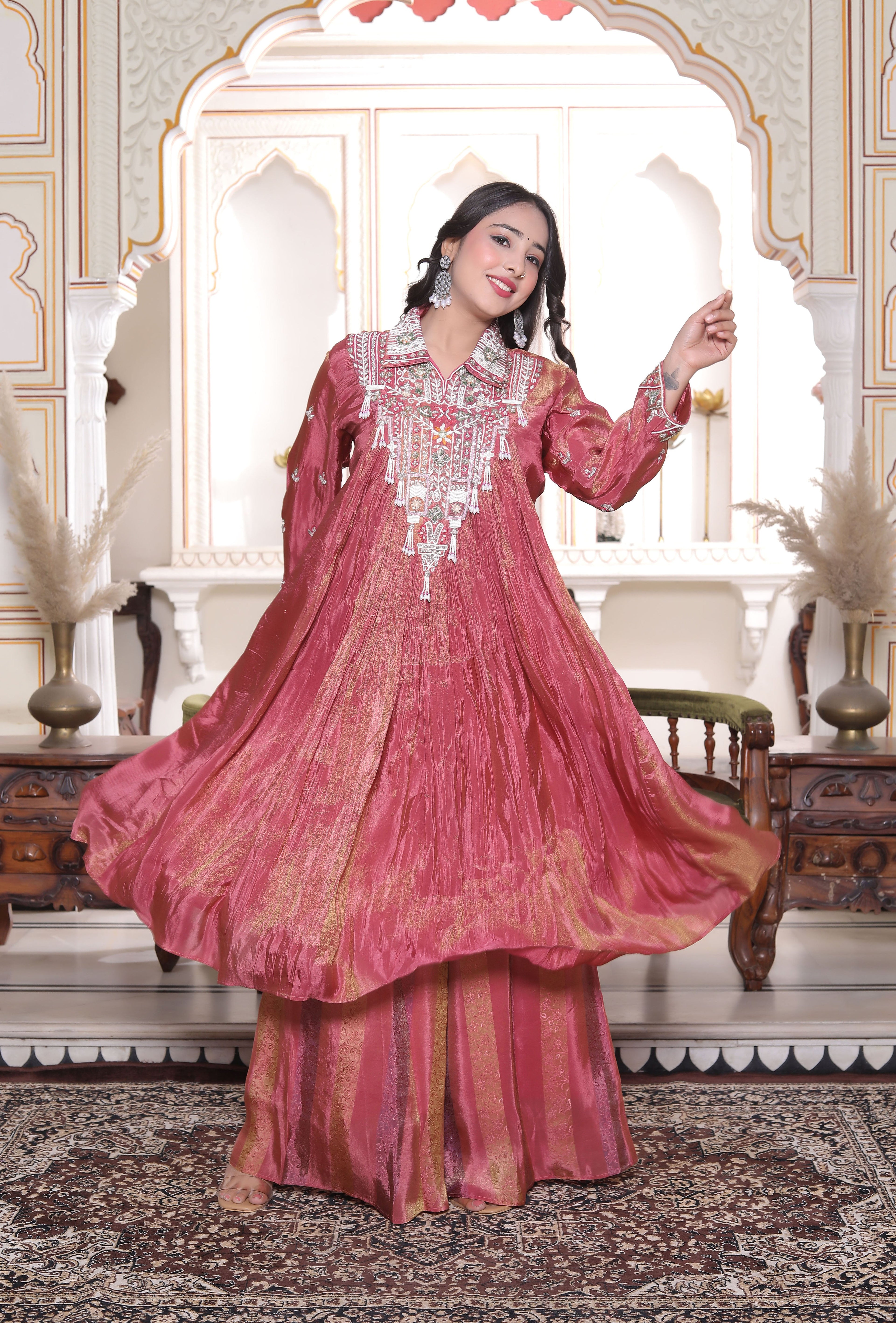 Pink Silk Long Calf Length Handwork Top with Palazzo Set