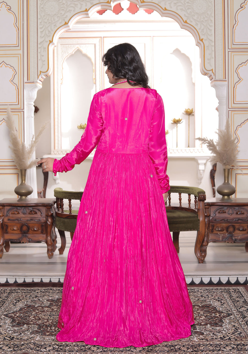 Pink Silk Handwork Flared Gown