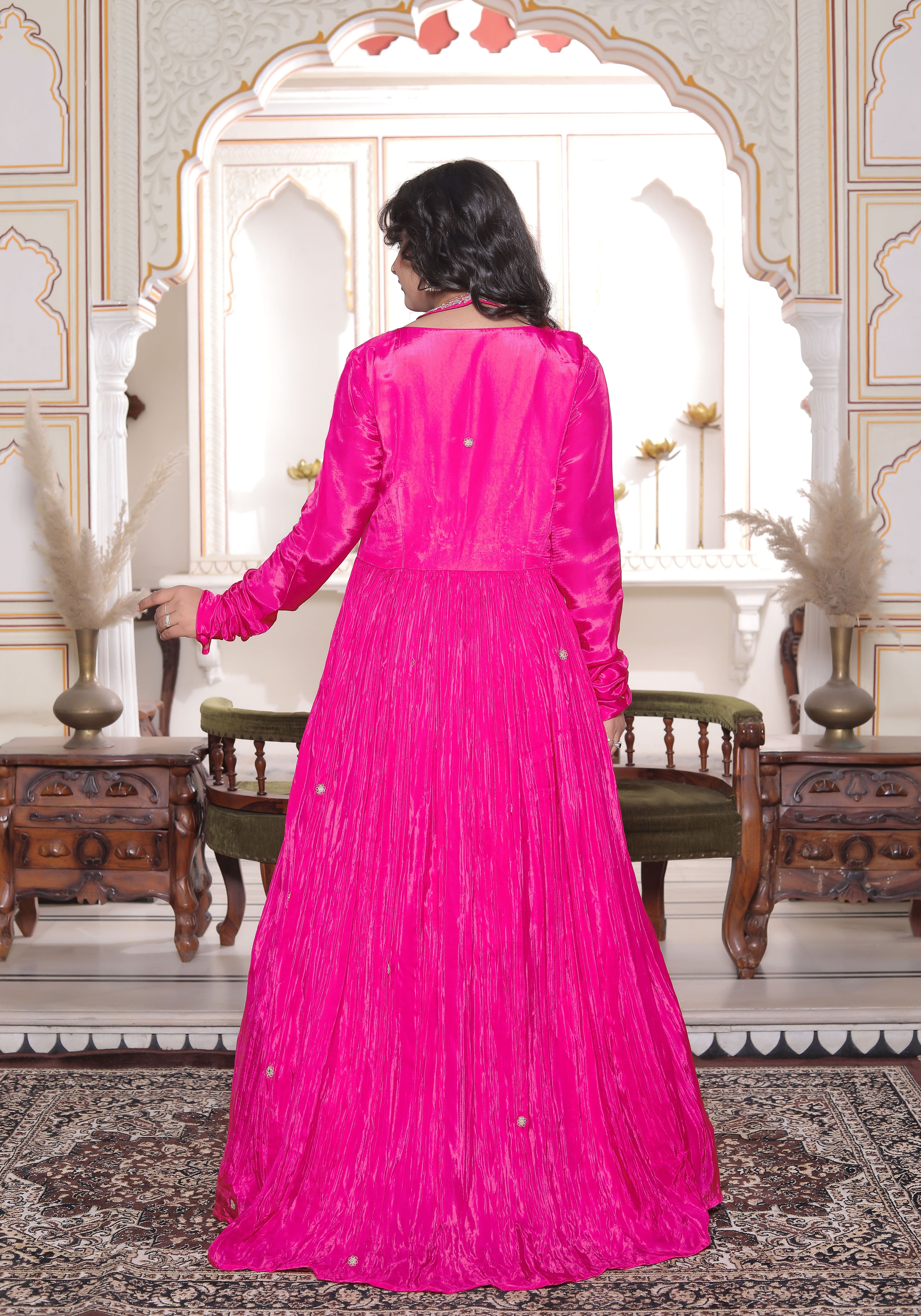 Pink Silk Handwork Flared Gown