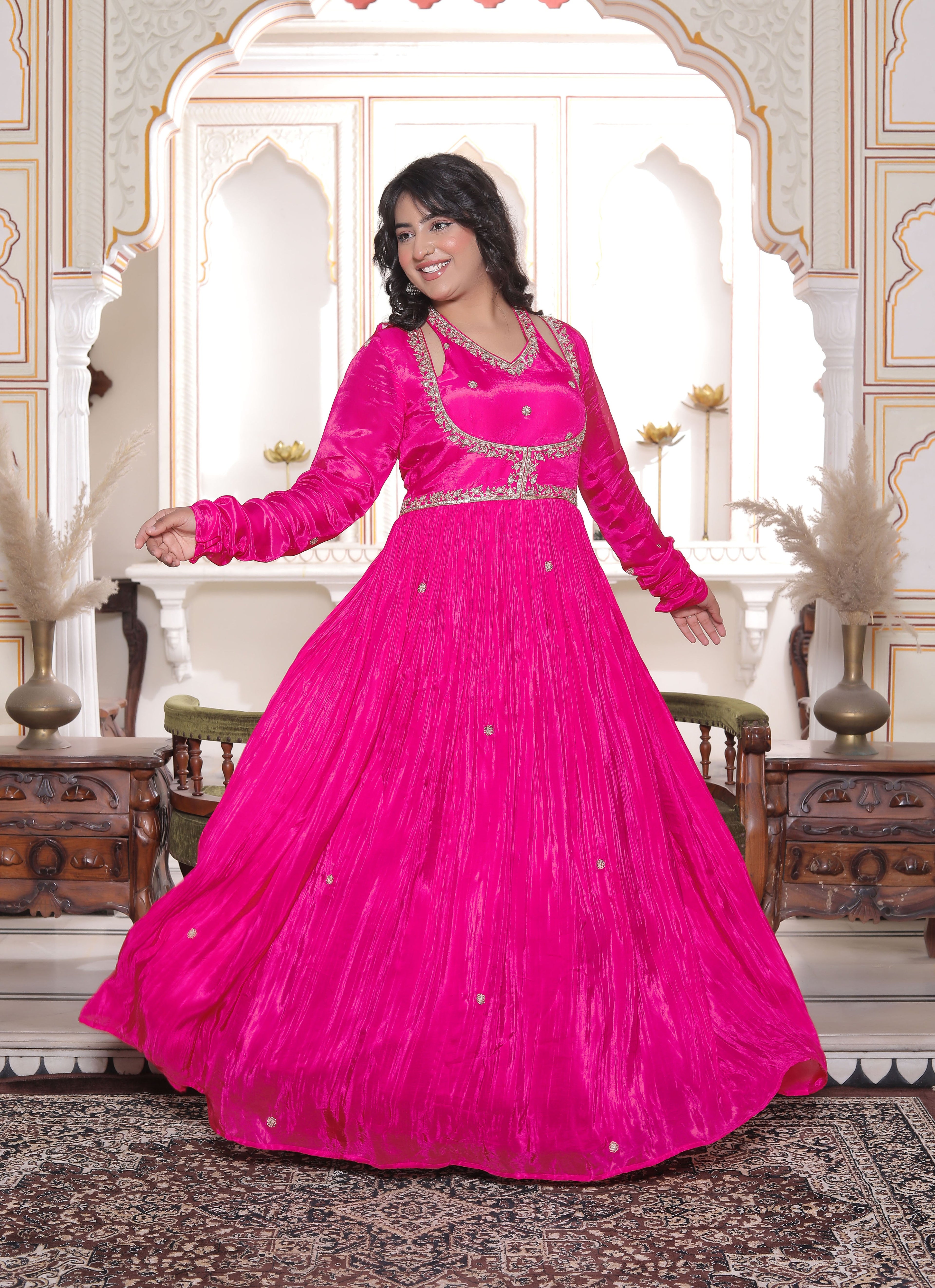Pink Silk Handwork Flared Gown