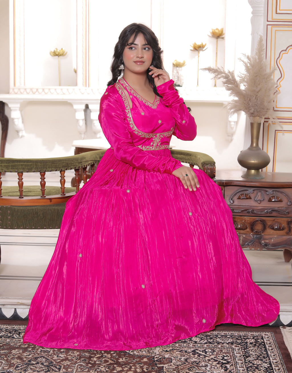 Pink Silk Handwork Flared Gown