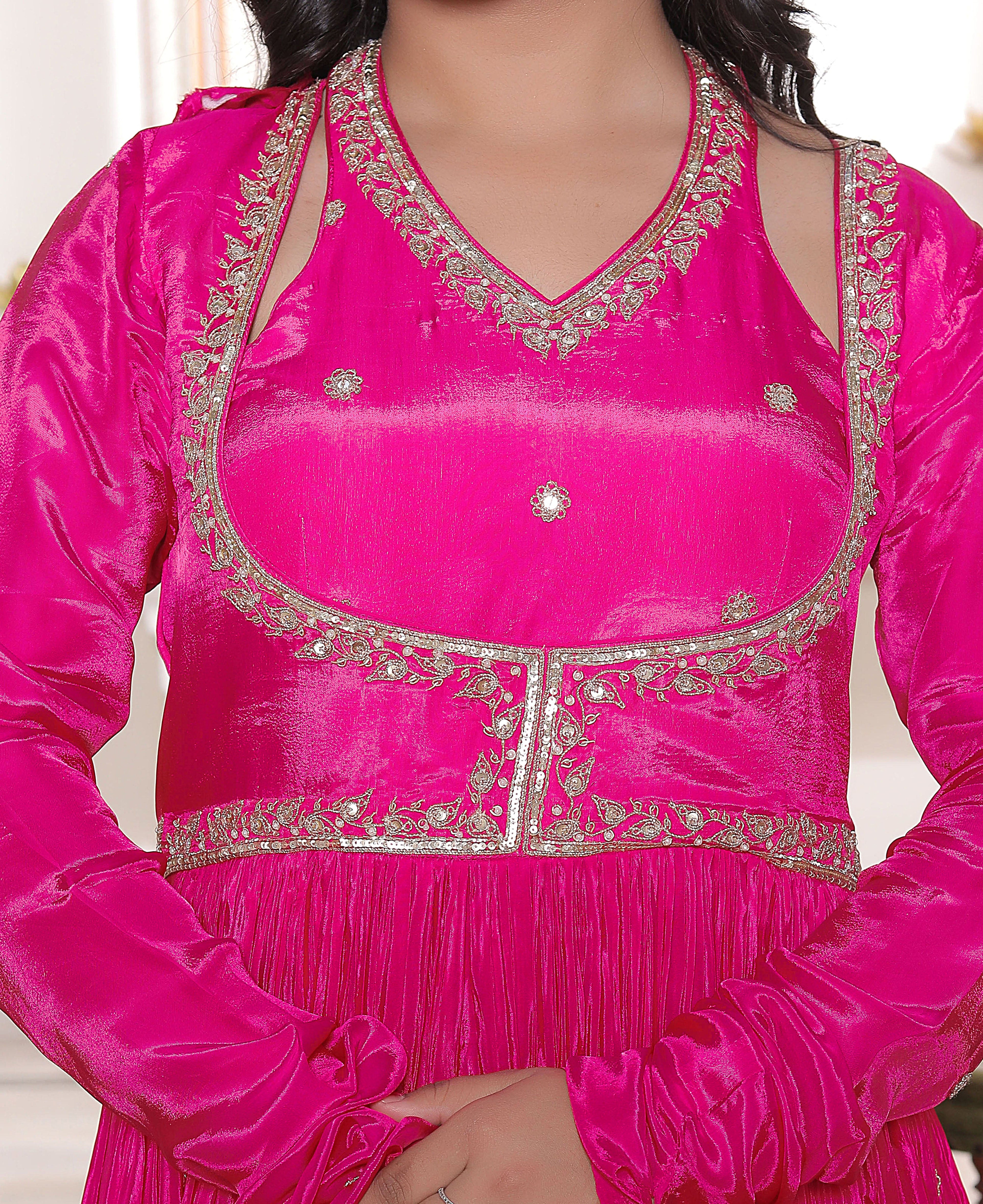 Pink Silk Handwork Flared Gown