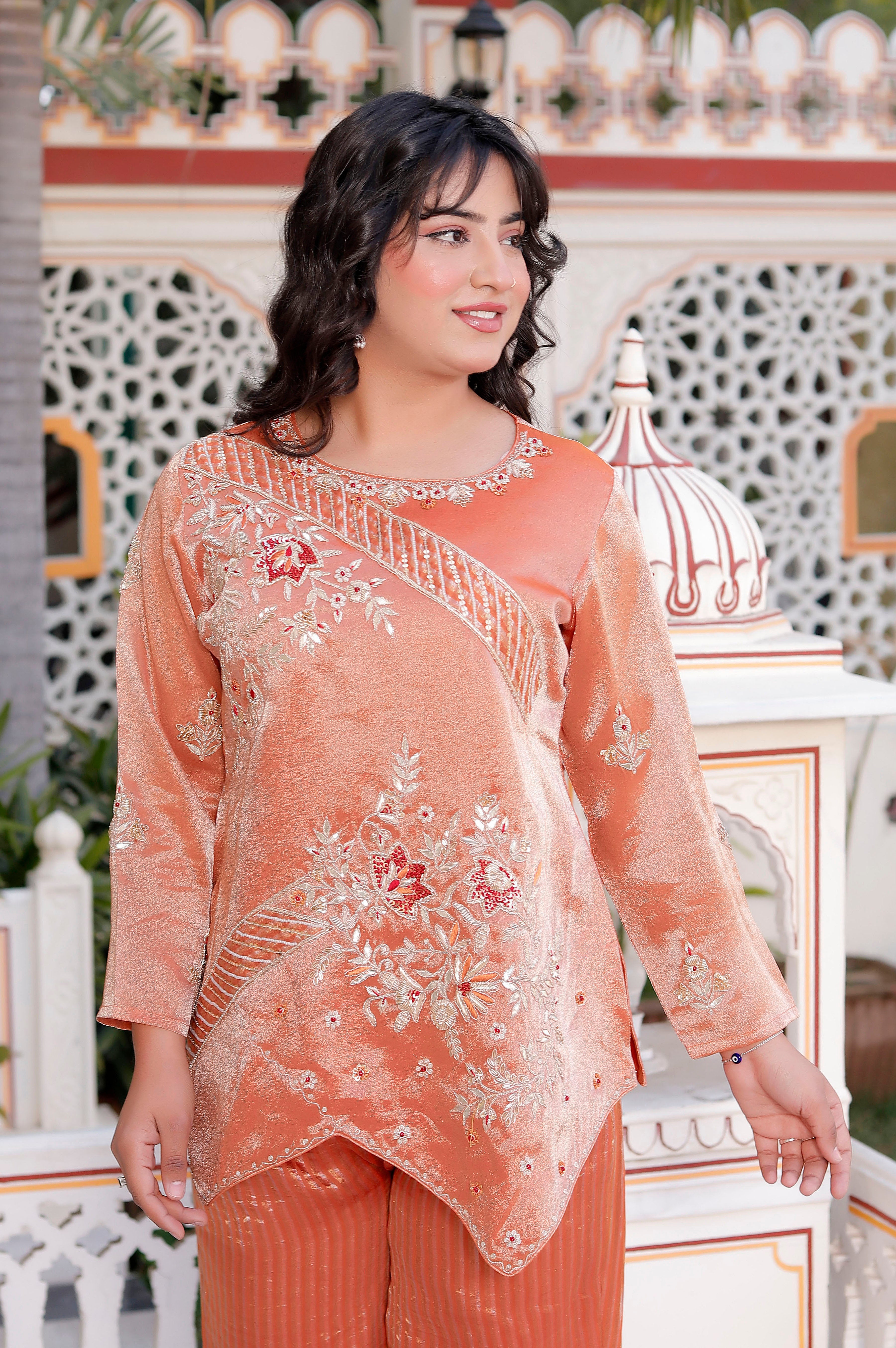 Peach Silk Handwork Co-Ord Set