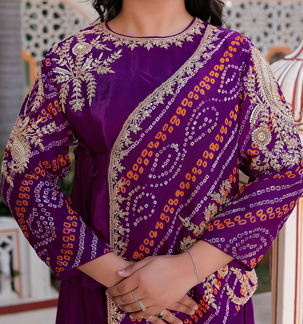 Purple Silk Handwork Chunri Co-Ord Set with Circular Flared Palazzo