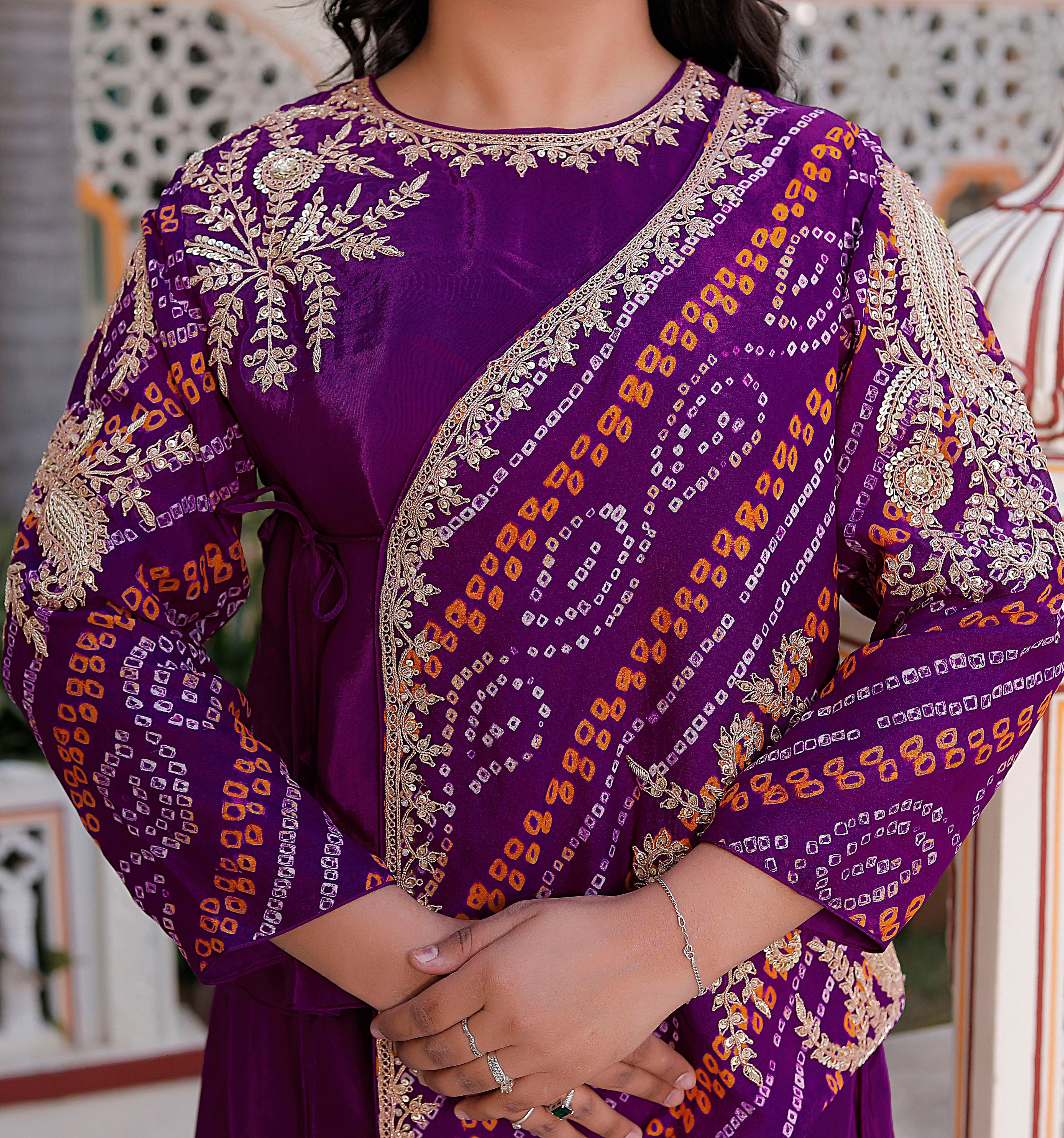 Purple Silk Handwork Chunri Co-Ord Set with Circular Flared Palazzo