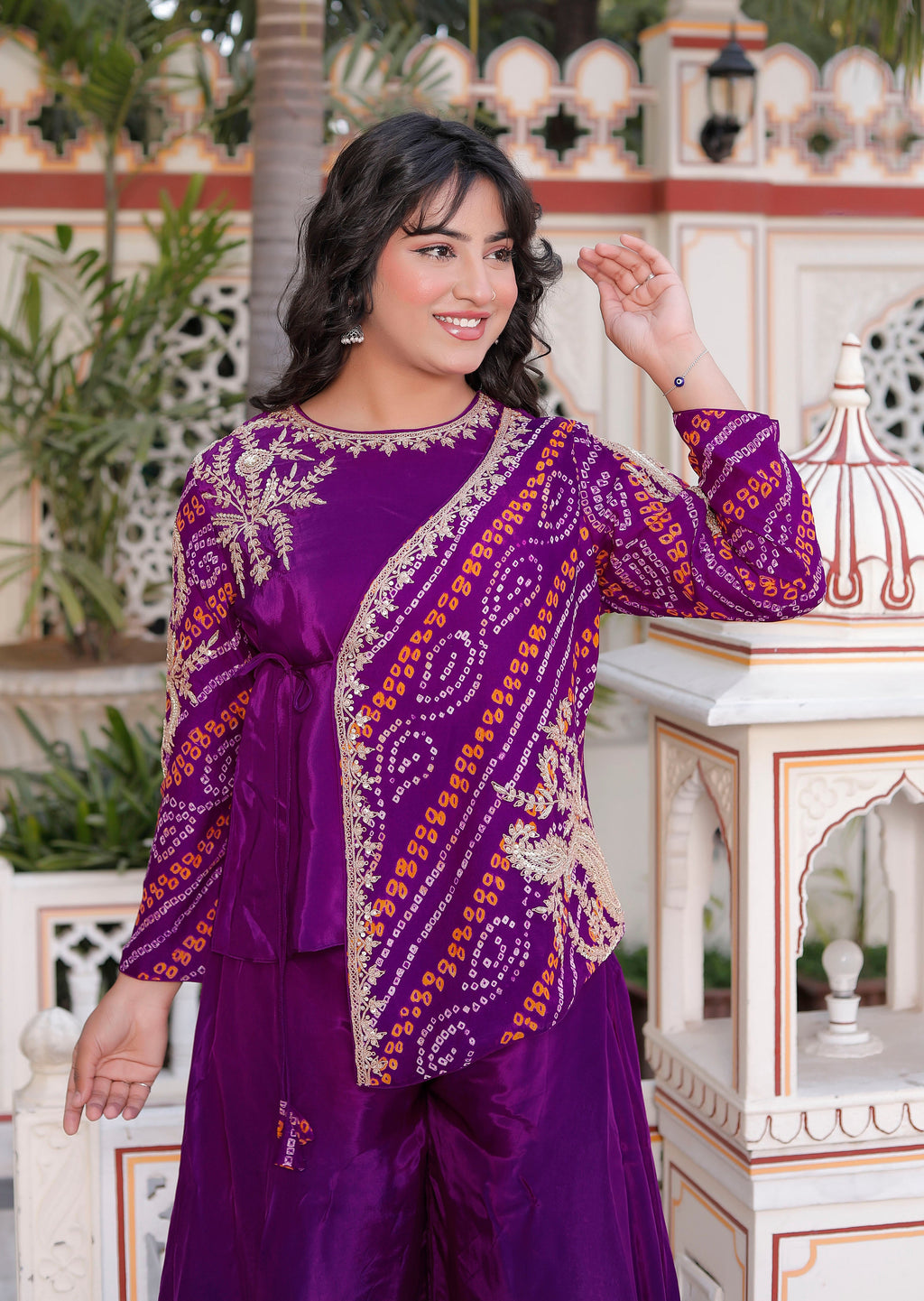 Purple Silk Handwork Chunri Co-Ord Set with Circular Flared Palazzo