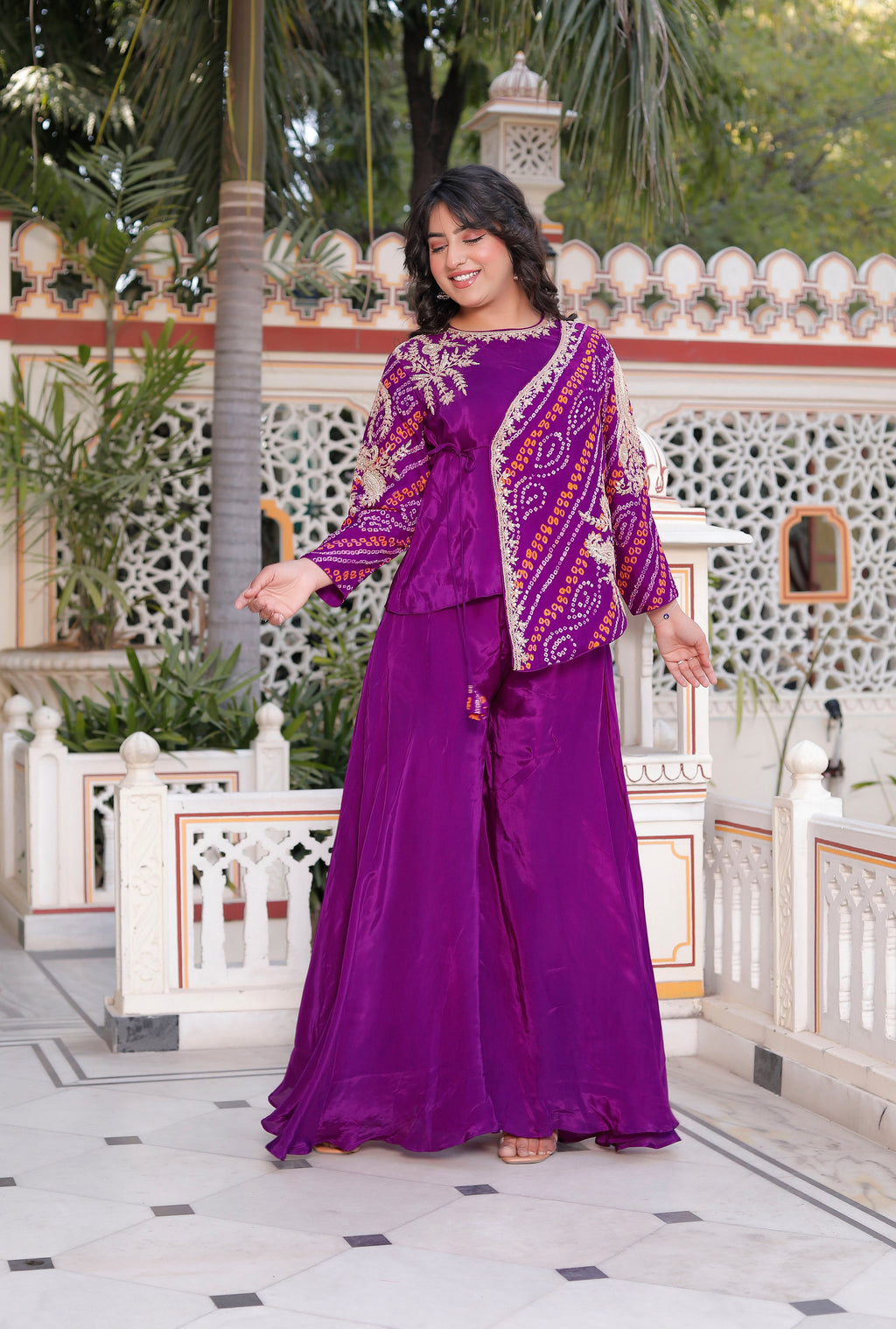 Purple Silk Handwork Chunri Co-Ord Set with Circular Flared Palazzo