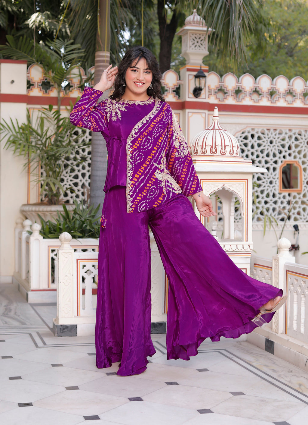Purple Silk Handwork Chunri Co-Ord Set with Circular Flared Palazzo