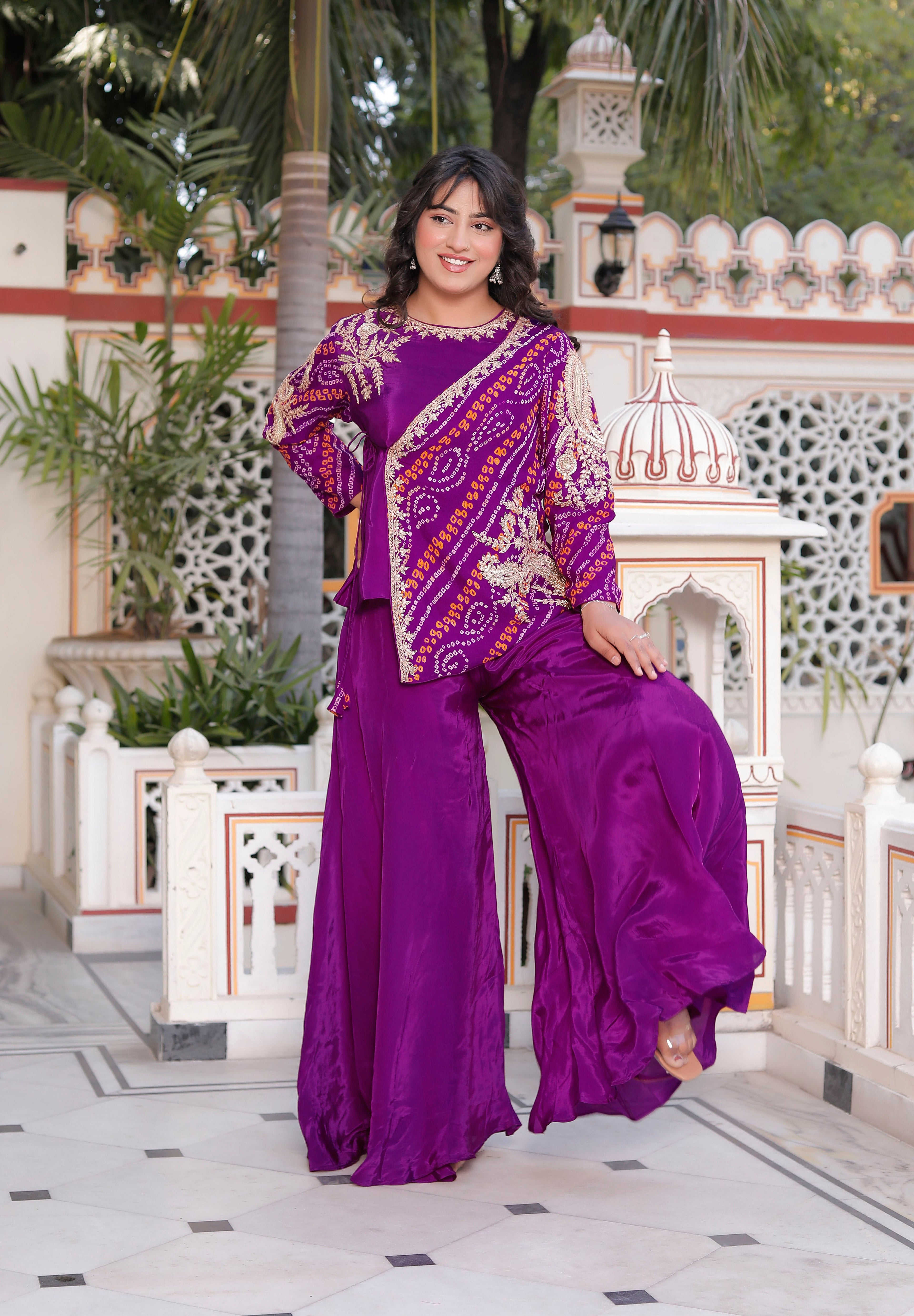 Purple Silk Handwork Chunri Co-Ord Set with Circular Flared Palazzo