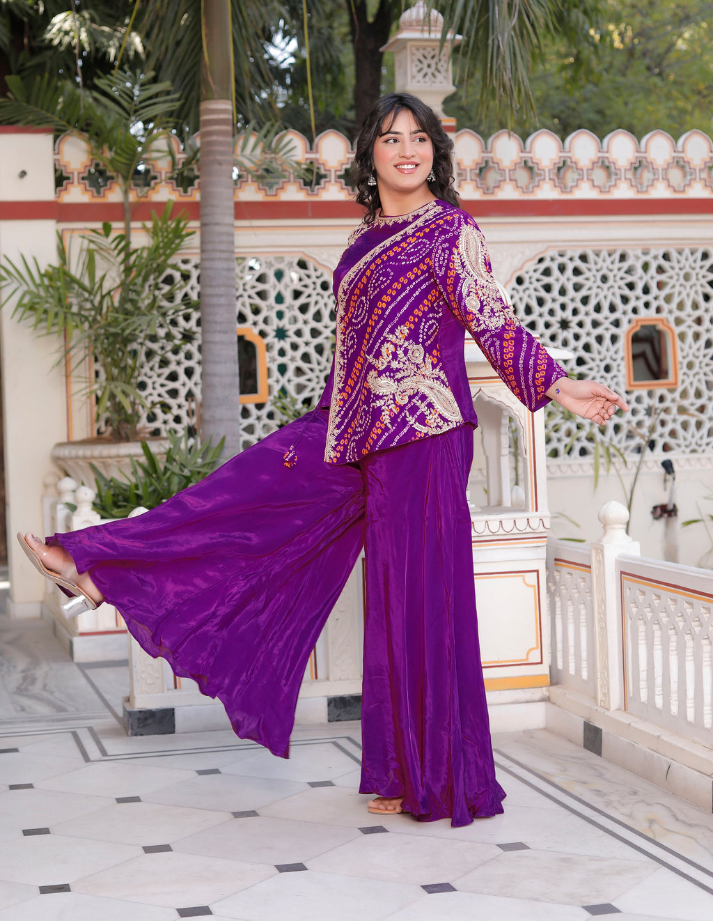 Purple Silk Handwork Chunri Co-Ord Set with Circular Flared Palazzo
