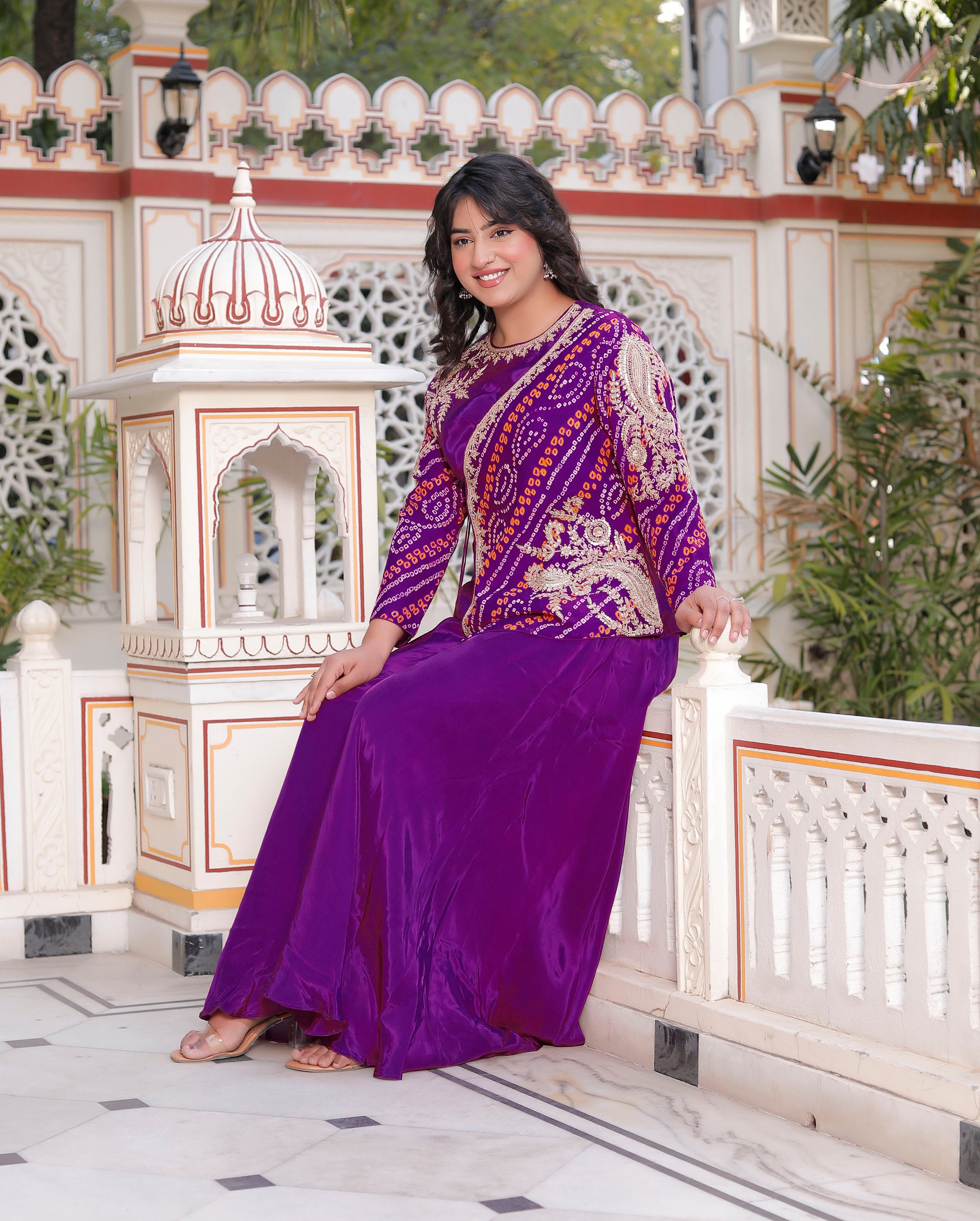 Purple Silk Handwork Chunri Co-Ord Set with Circular Flared Palazzo