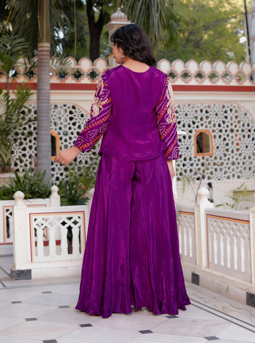 Purple Silk Handwork Chunri Co-Ord Set with Circular Flared Palazzo