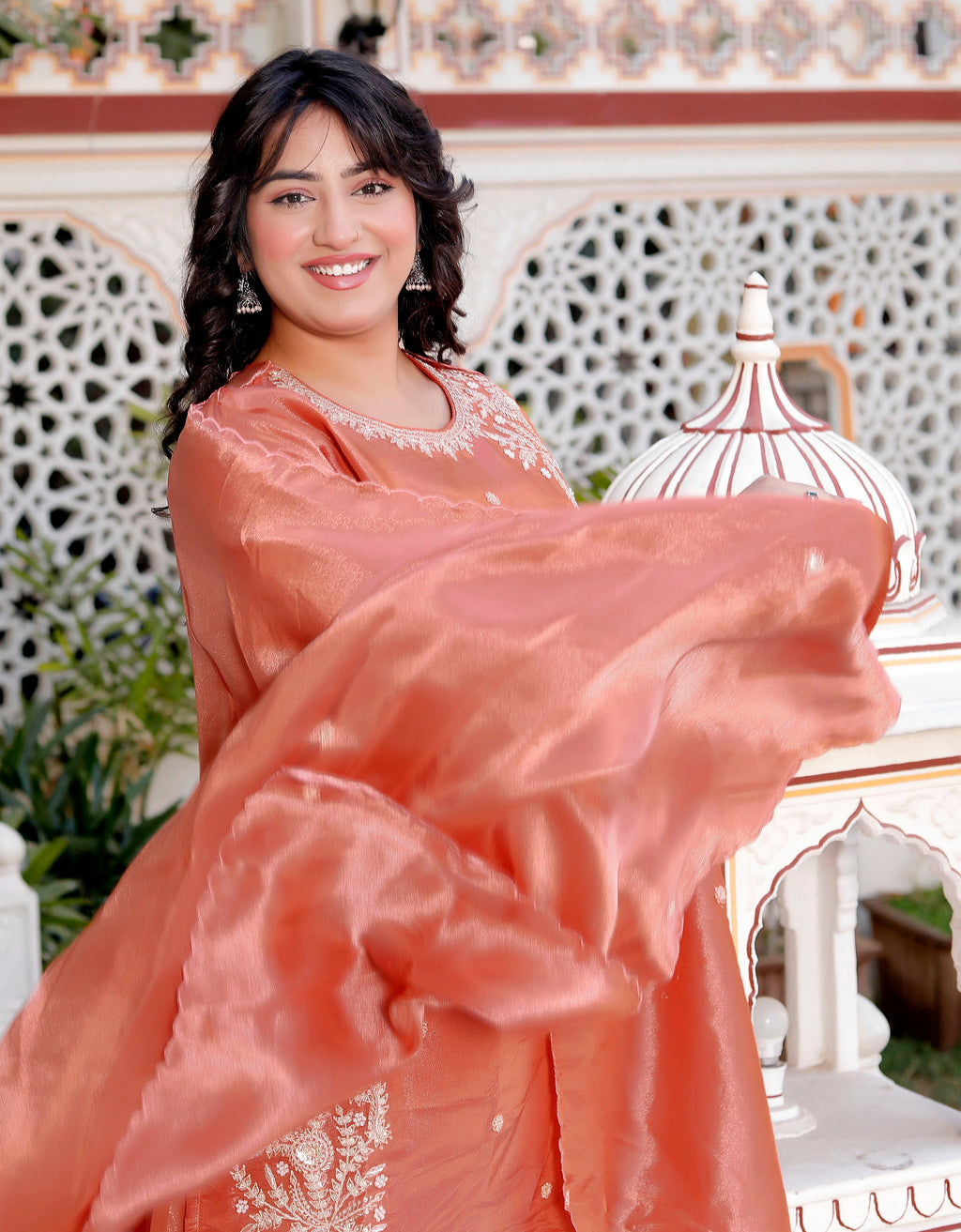 Peach Short Handwork Kurti with Circular Flared Palazzo & Dupatta Set