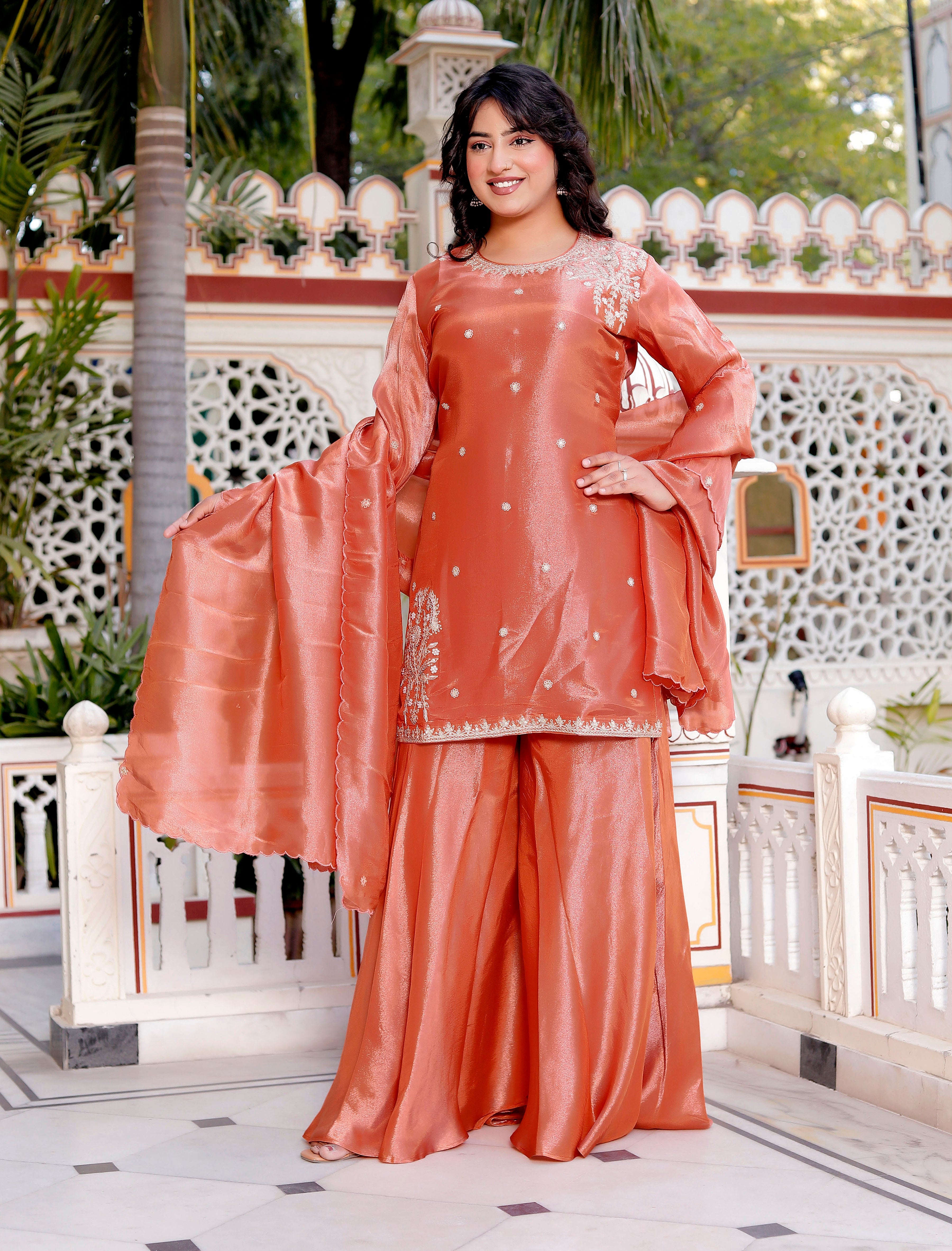 Peach Short Handwork Kurti with Circular Flared Palazzo & Dupatta Set