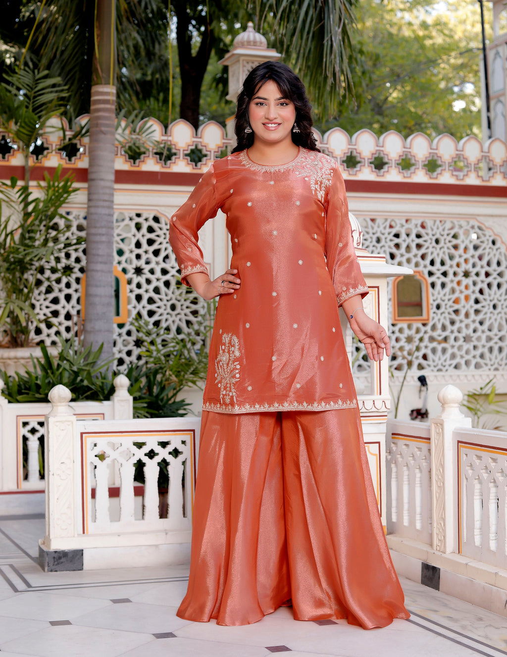 Peach Short Handwork Kurti with Circular Flared Palazzo & Dupatta Set