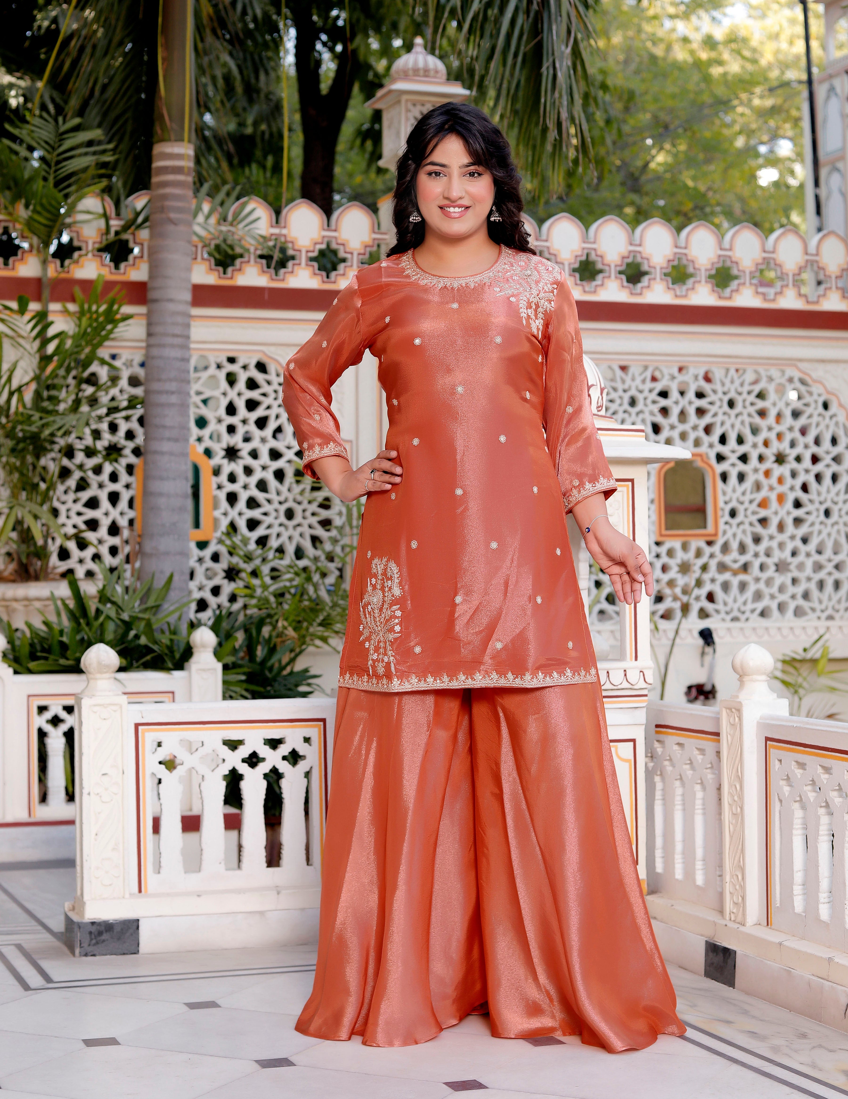 Peach Short Handwork Kurti with Circular Flared Palazzo & Dupatta Set