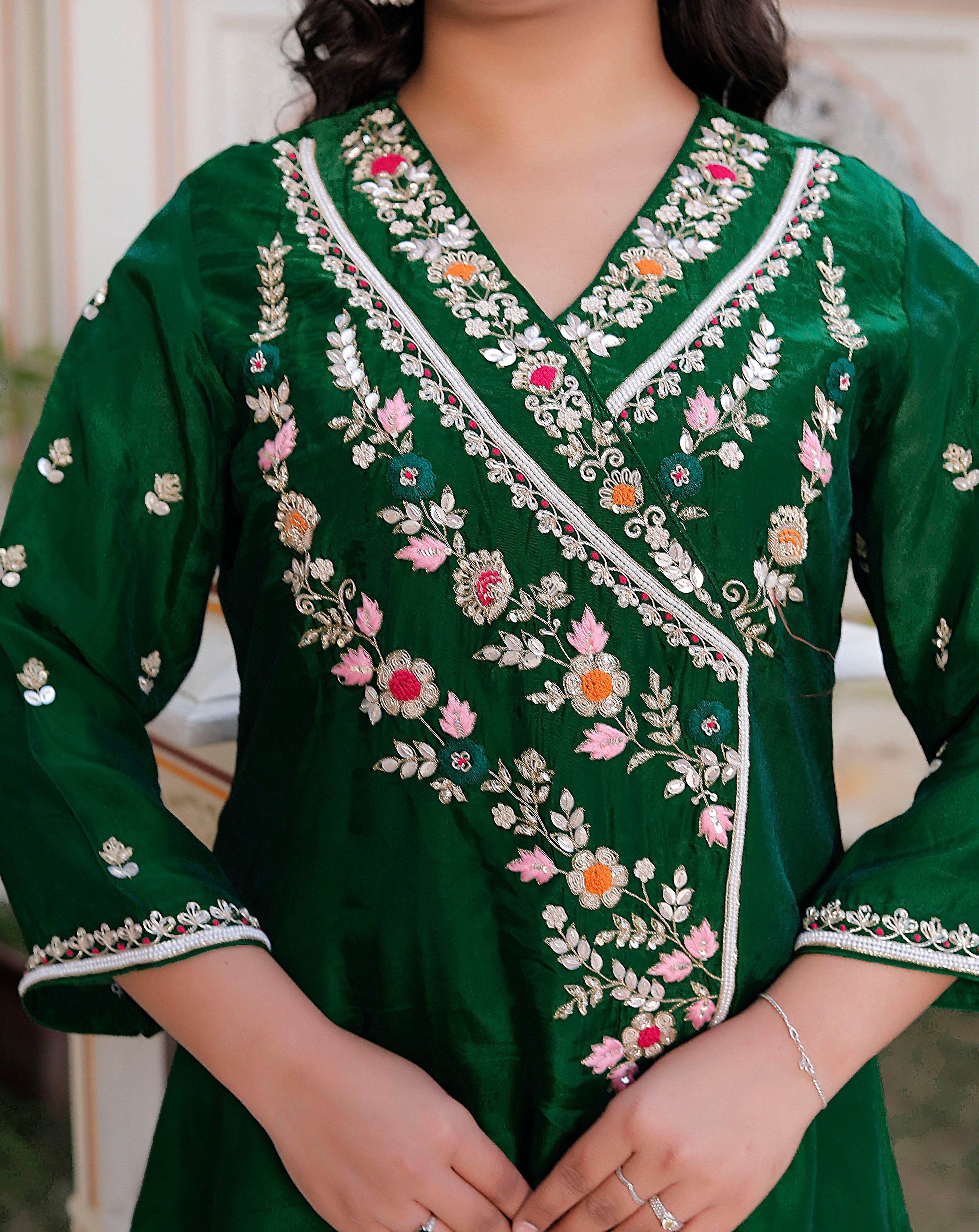 Green Handwork Angrakha Top with Circular Flared Palazzo