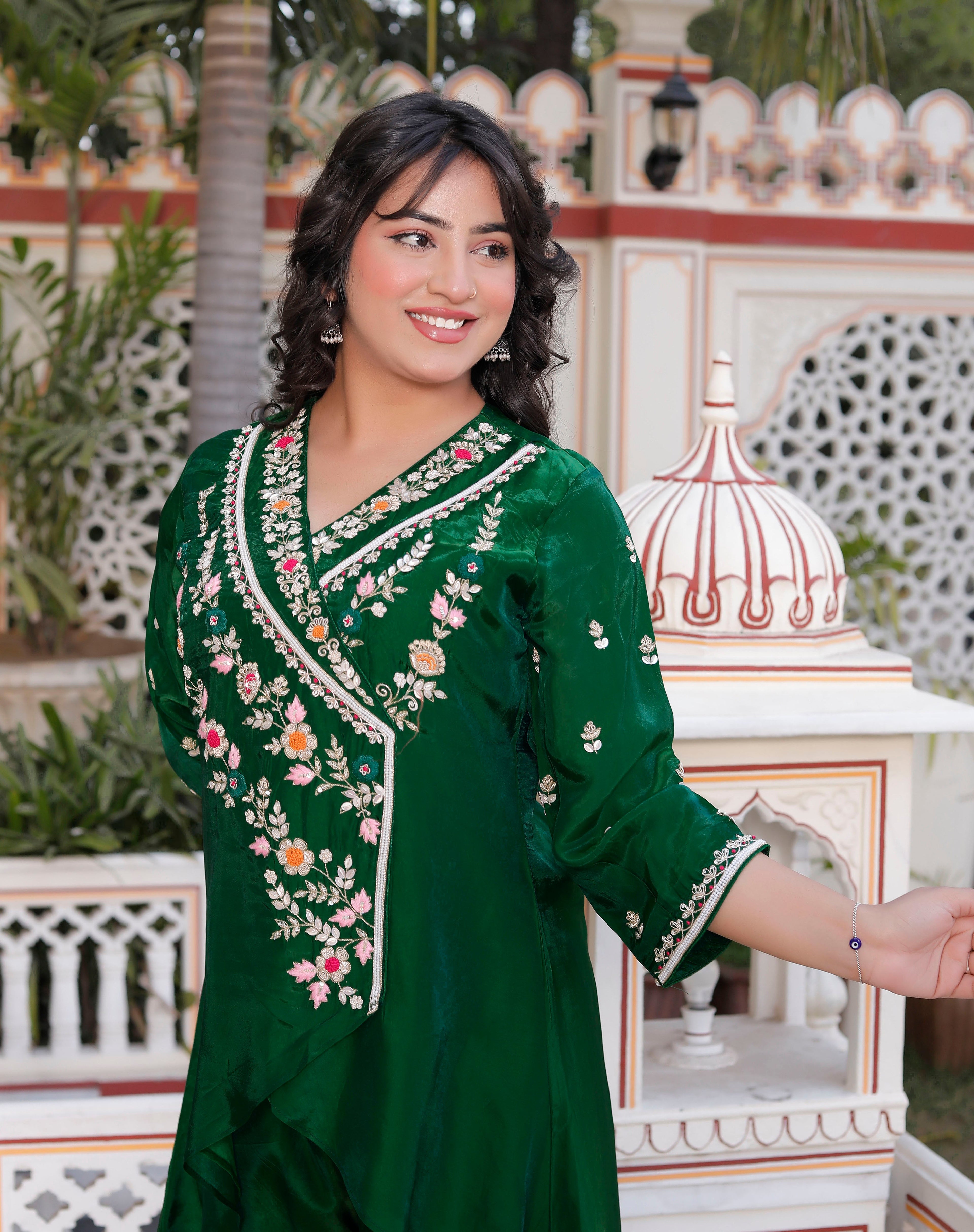 Green Handwork Angrakha Top with Circular Flared Palazzo