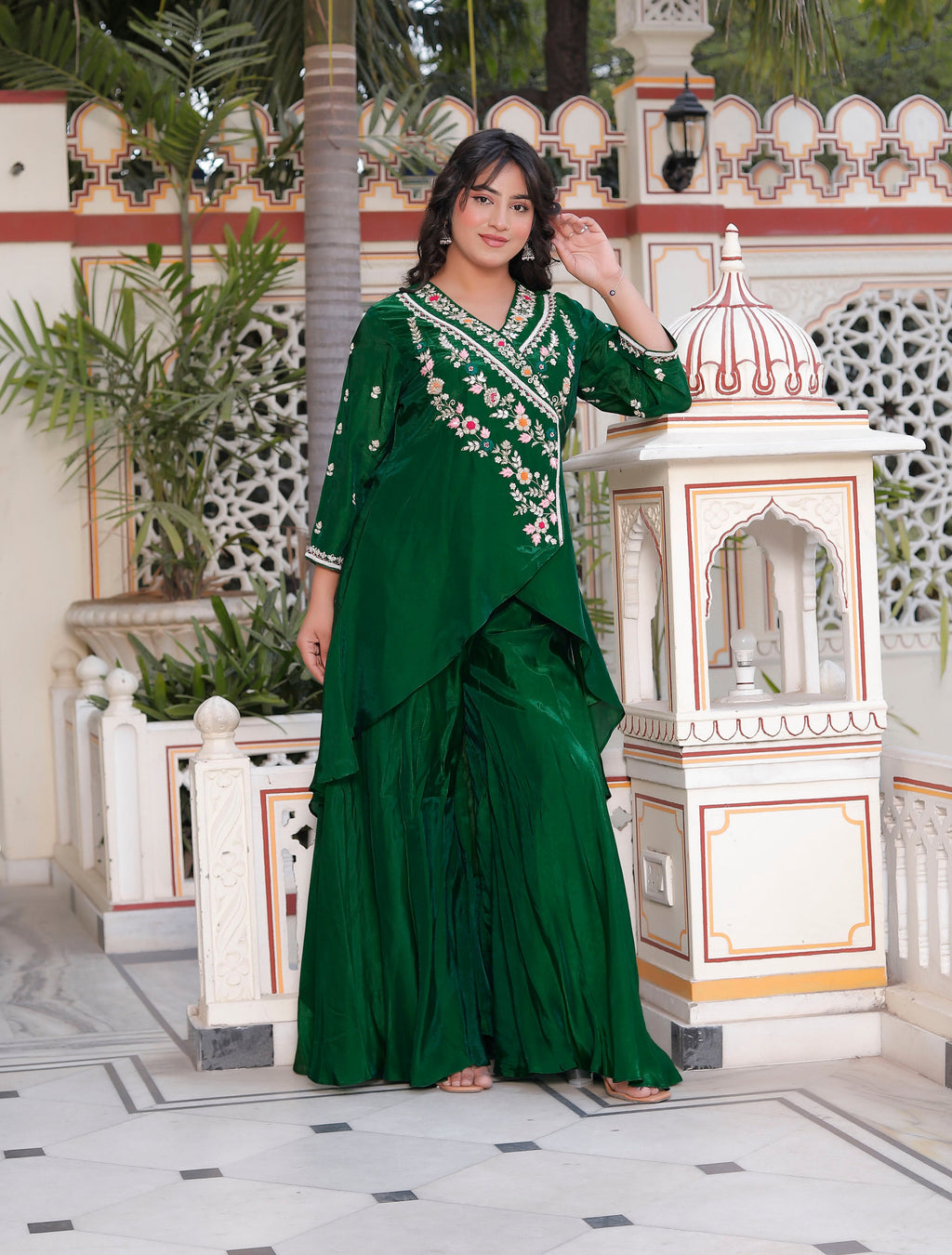 Green Handwork Angrakha Top with Circular Flared Palazzo