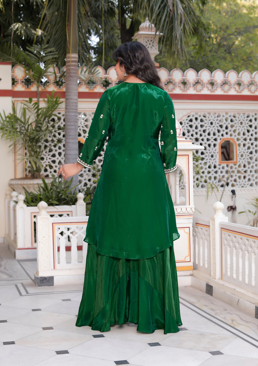 Green Handwork Angrakha Top with Circular Flared Palazzo