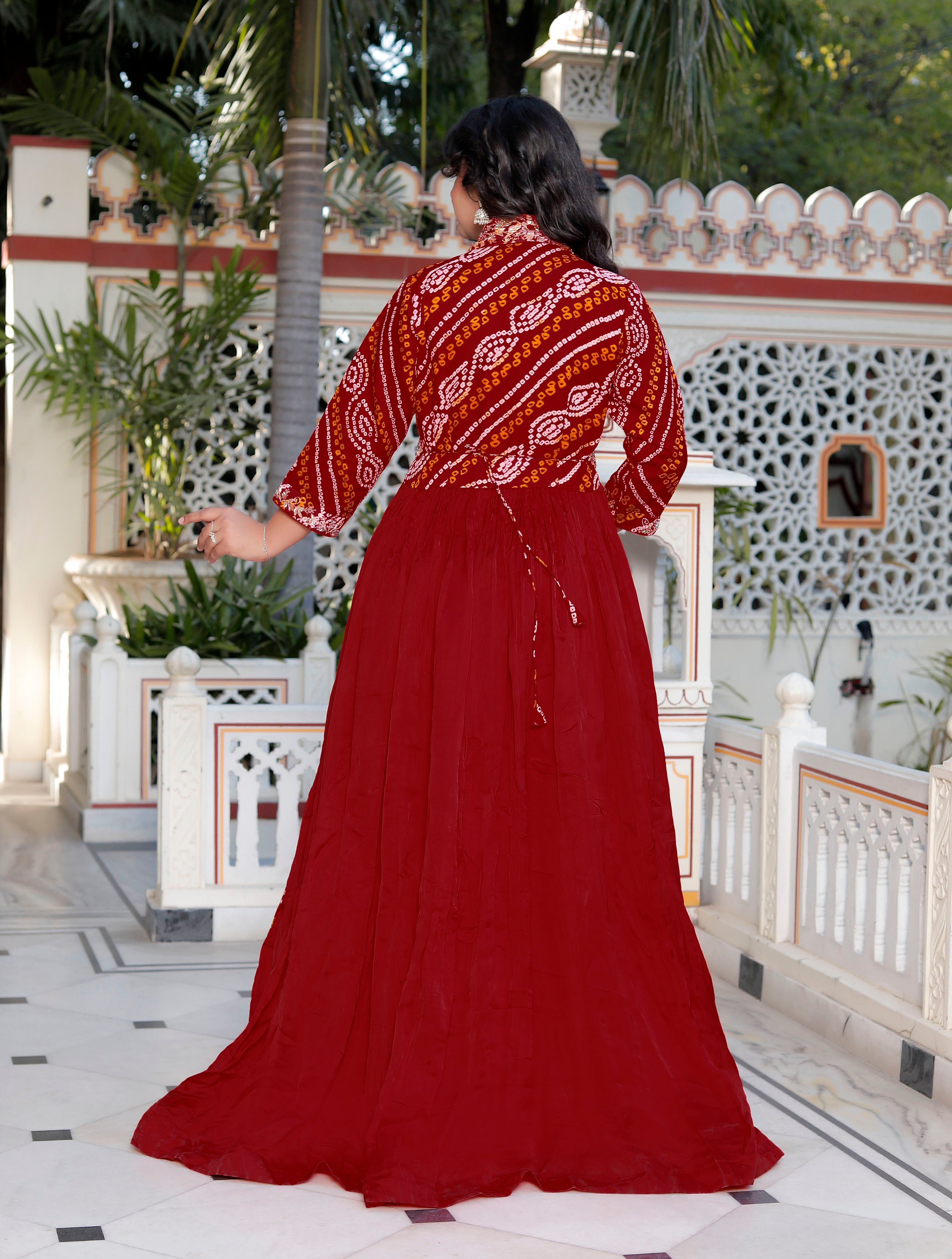 Red Chunri Print Long Flared Gown with Collar Neck & Handwork