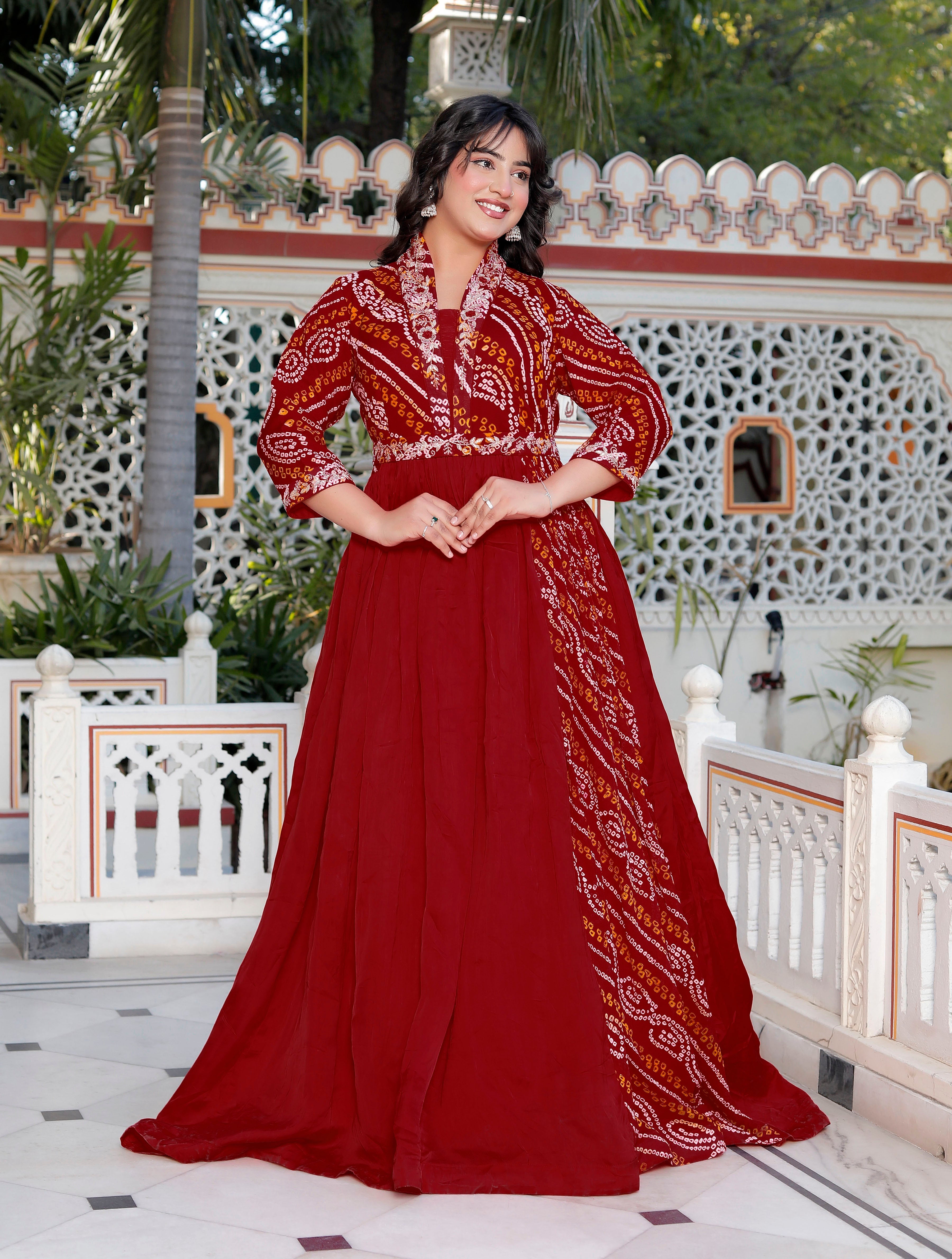Red Chunri Print Long Flared Gown with Collar Neck & Handwork