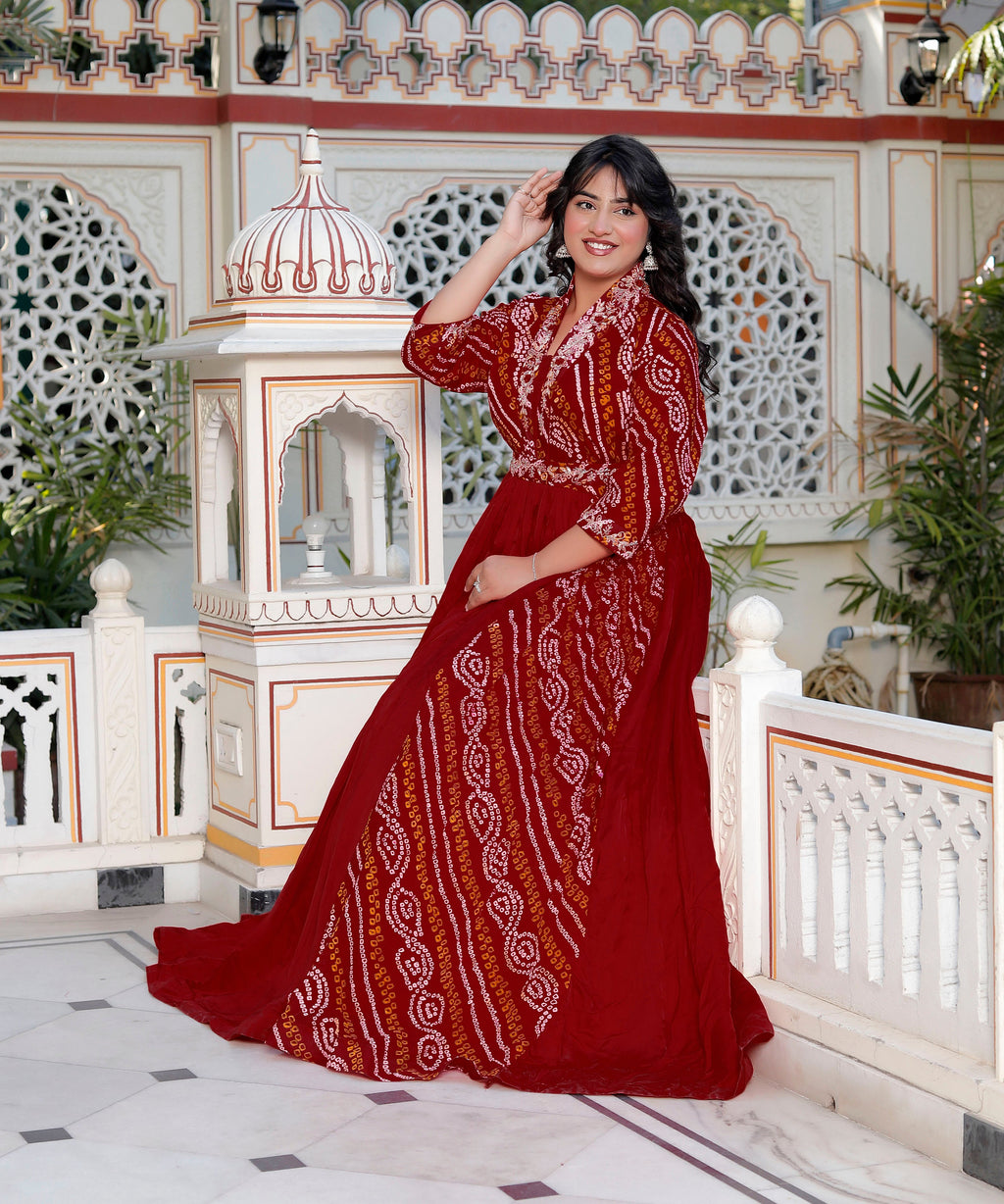Red Chunri Print Long Flared Gown with Collar Neck & Handwork