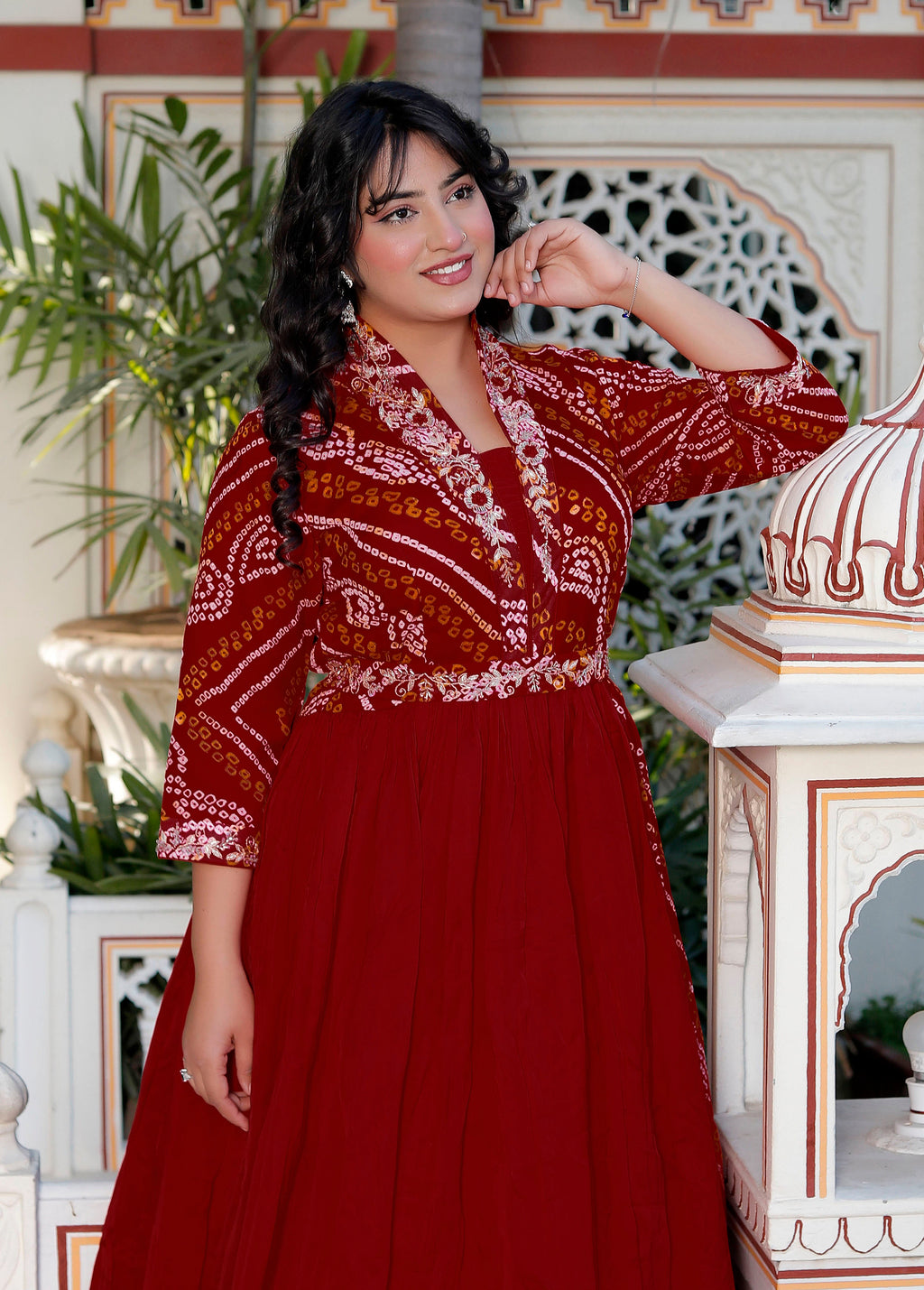 Red Chunri Print Long Flared Gown with Collar Neck & Handwork