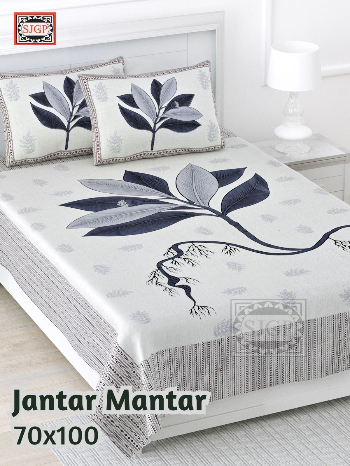 Jantar Mantar Cotton Bedsheet – White & Blue Flower Print (70 x 100 Inches)