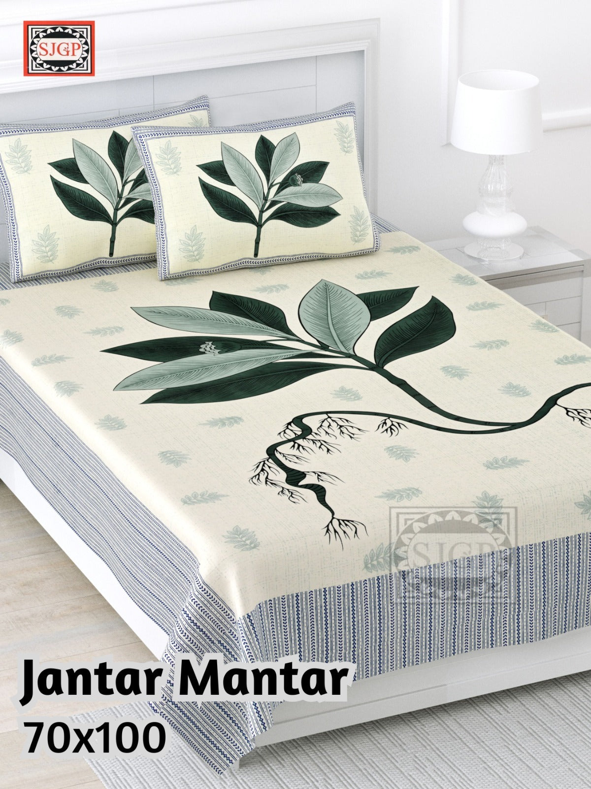 Jantar Mantar Cotton Bedsheet – White & Green Flower Print (70 x 100 Inches)