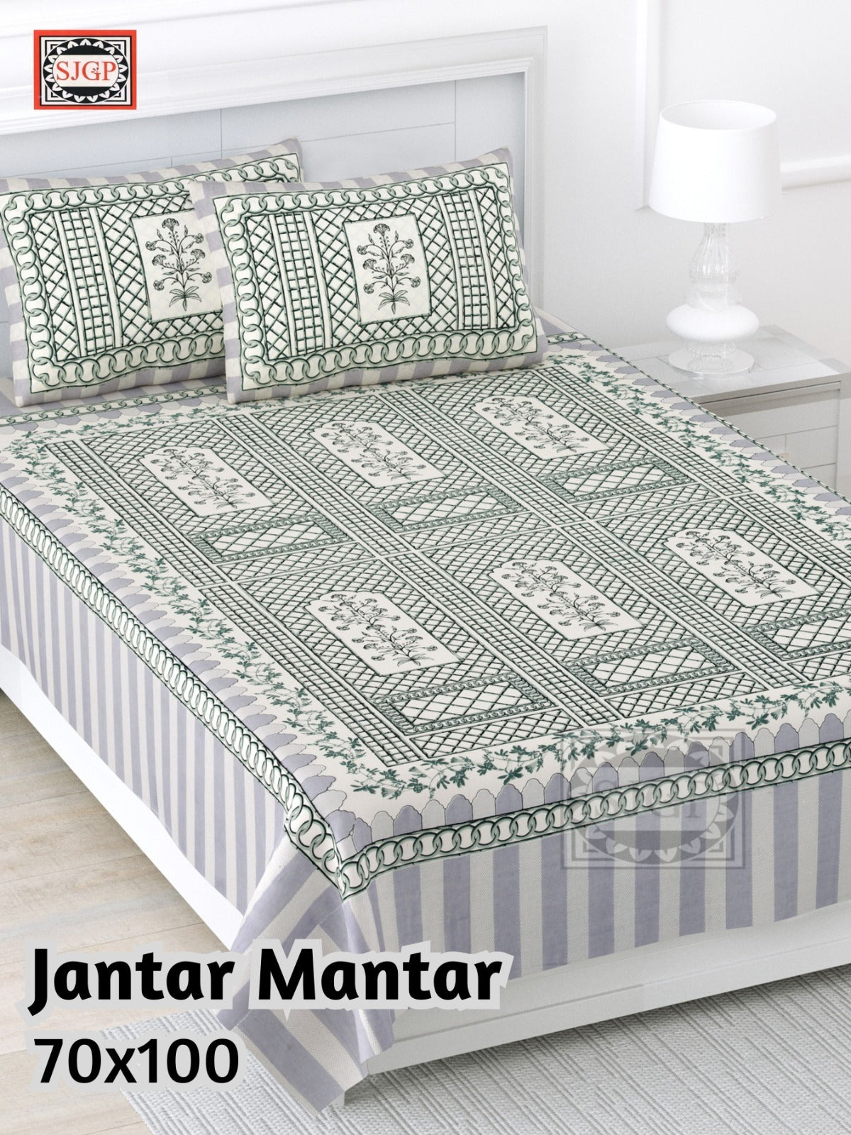 Jantar Mantar Cotton Bedsheet- Grey Print (70 x 100 Inches)