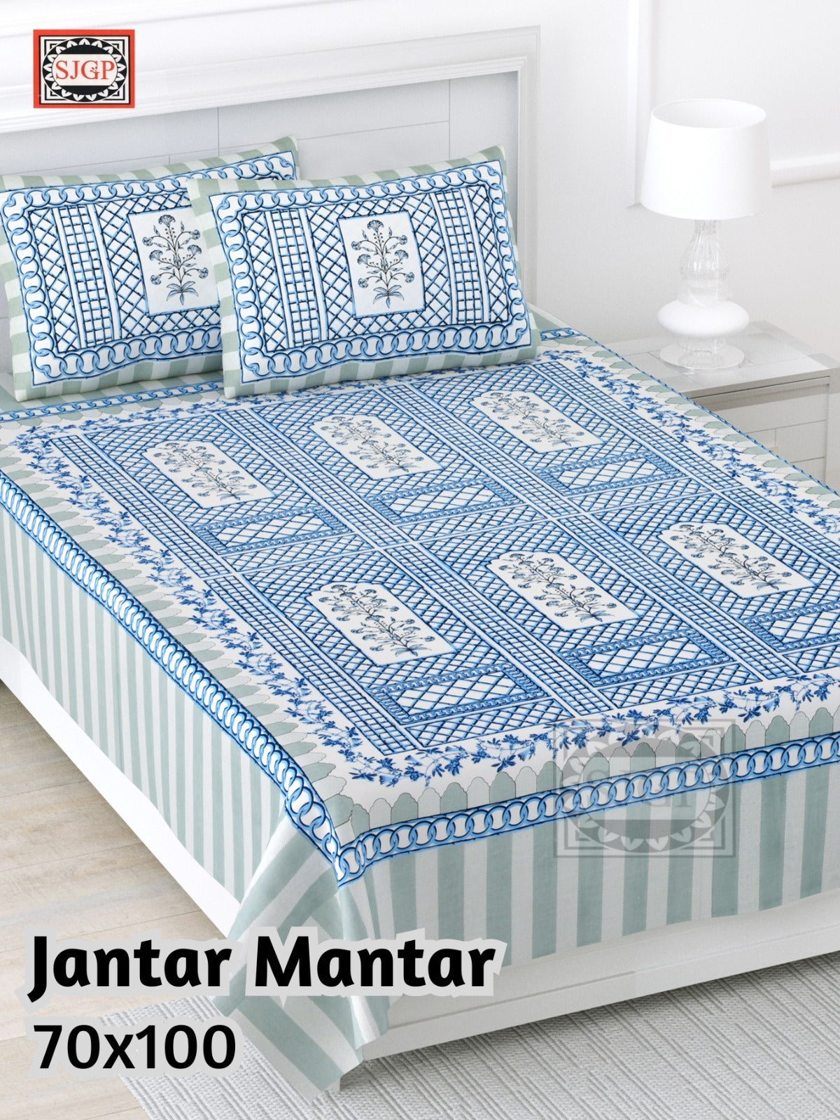 Jantar Mantar Cotton Bedsheet- Light Blue Print (70 x 100 Inches)