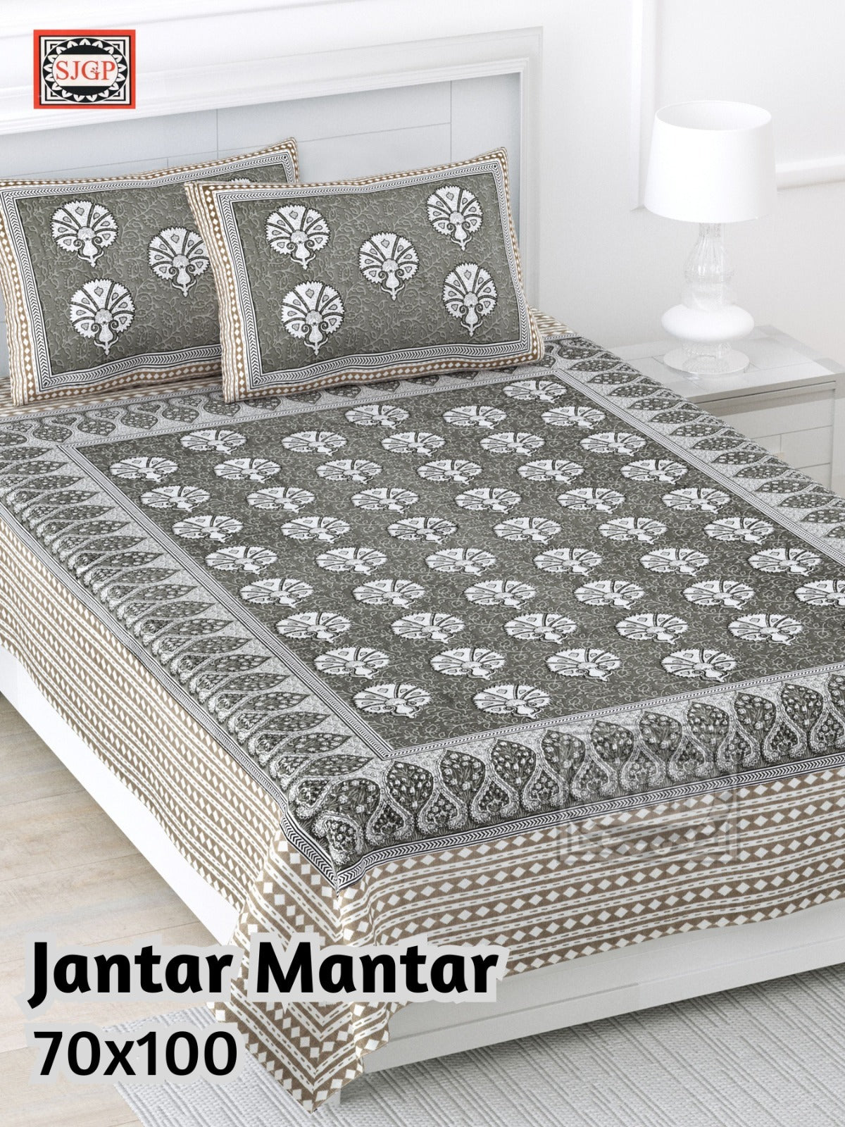Jantar Mantar Cotton Bedsheet – Grey & Beige Print (70 x 100 Inches)