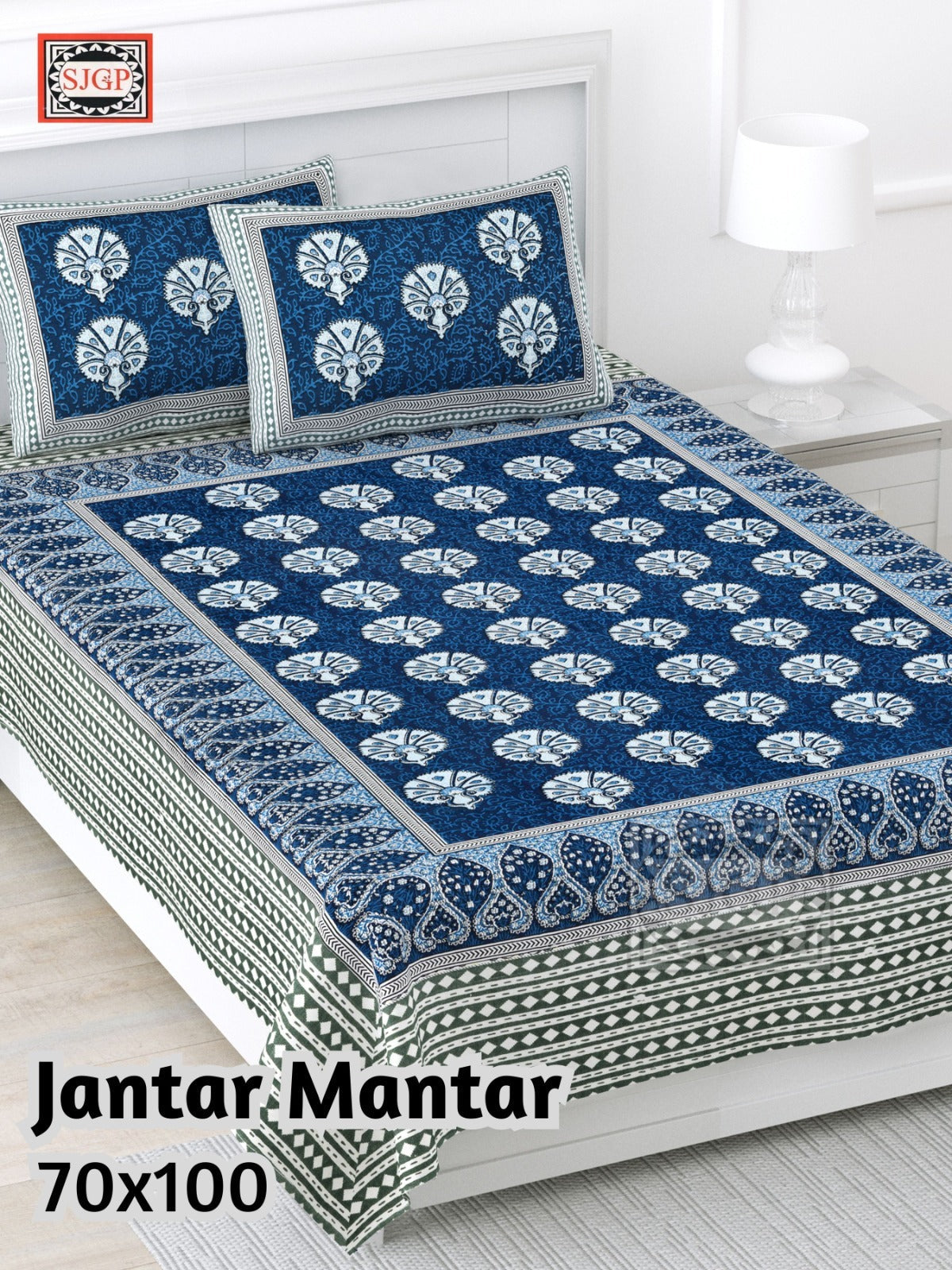 Jantar Mantar Cotton Bedsheet – Beige & Blue Print (70 x 100 Inches)