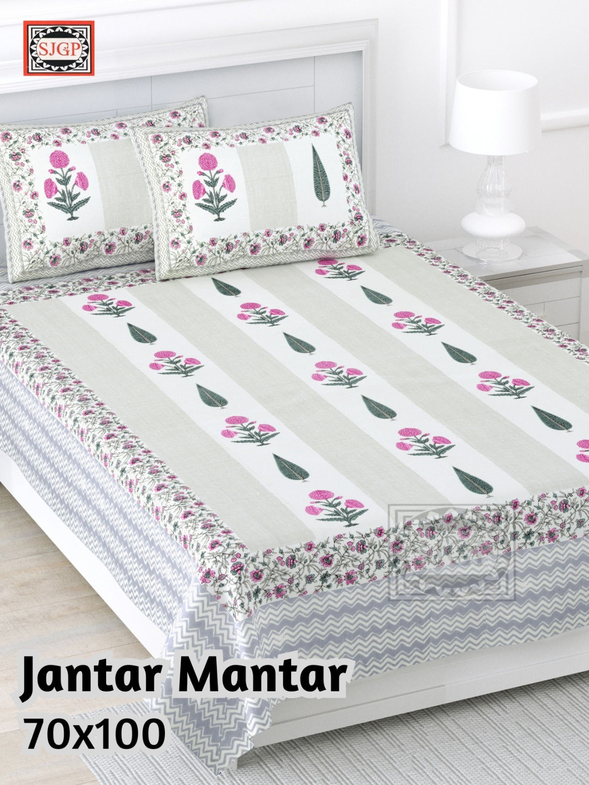 Jantar Mantar Cotton Bedsheet – White & Pink Print (70 x 100 Inches)